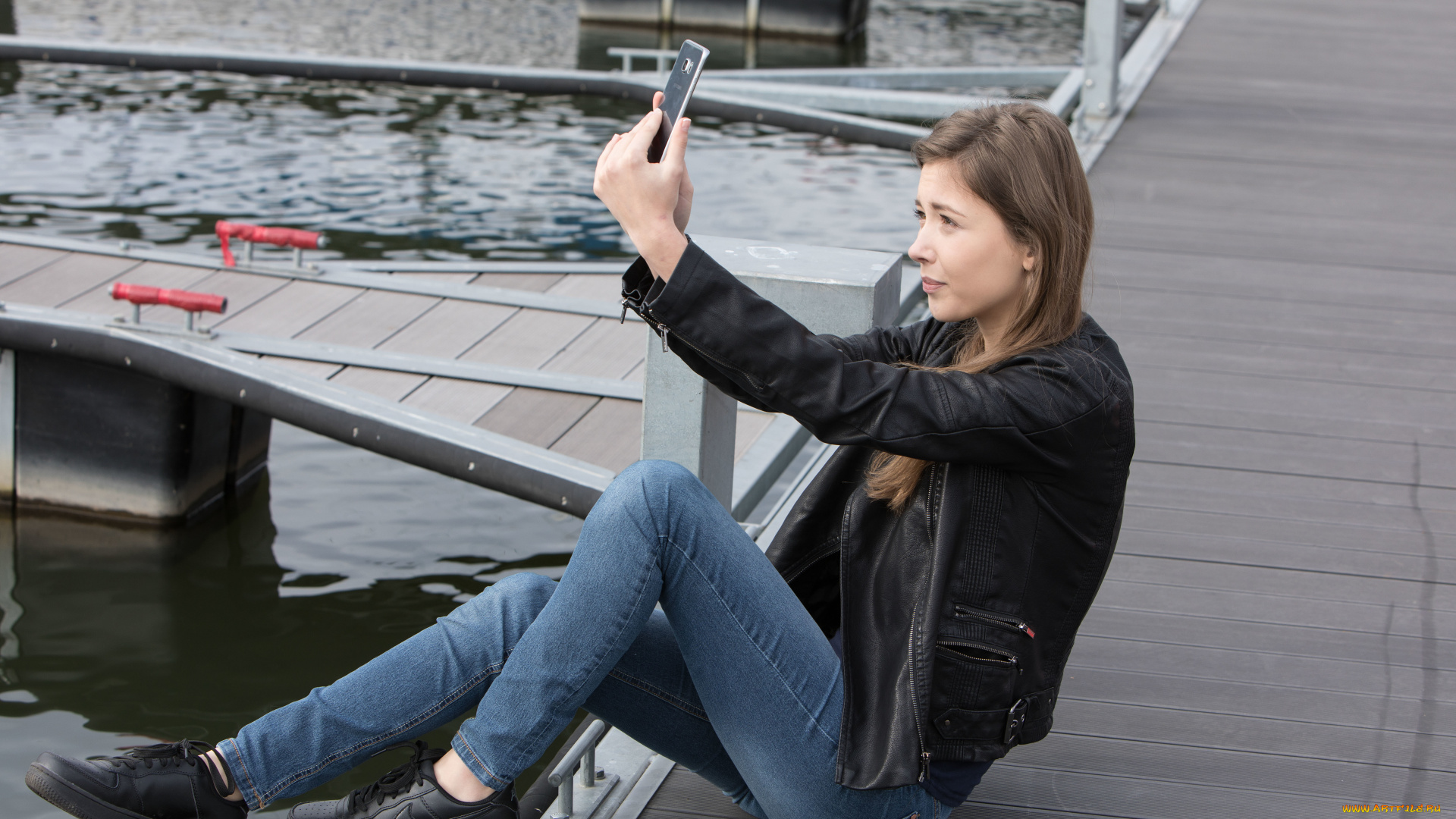 девушки, mila, azul, селфи, причал, фон, девушка