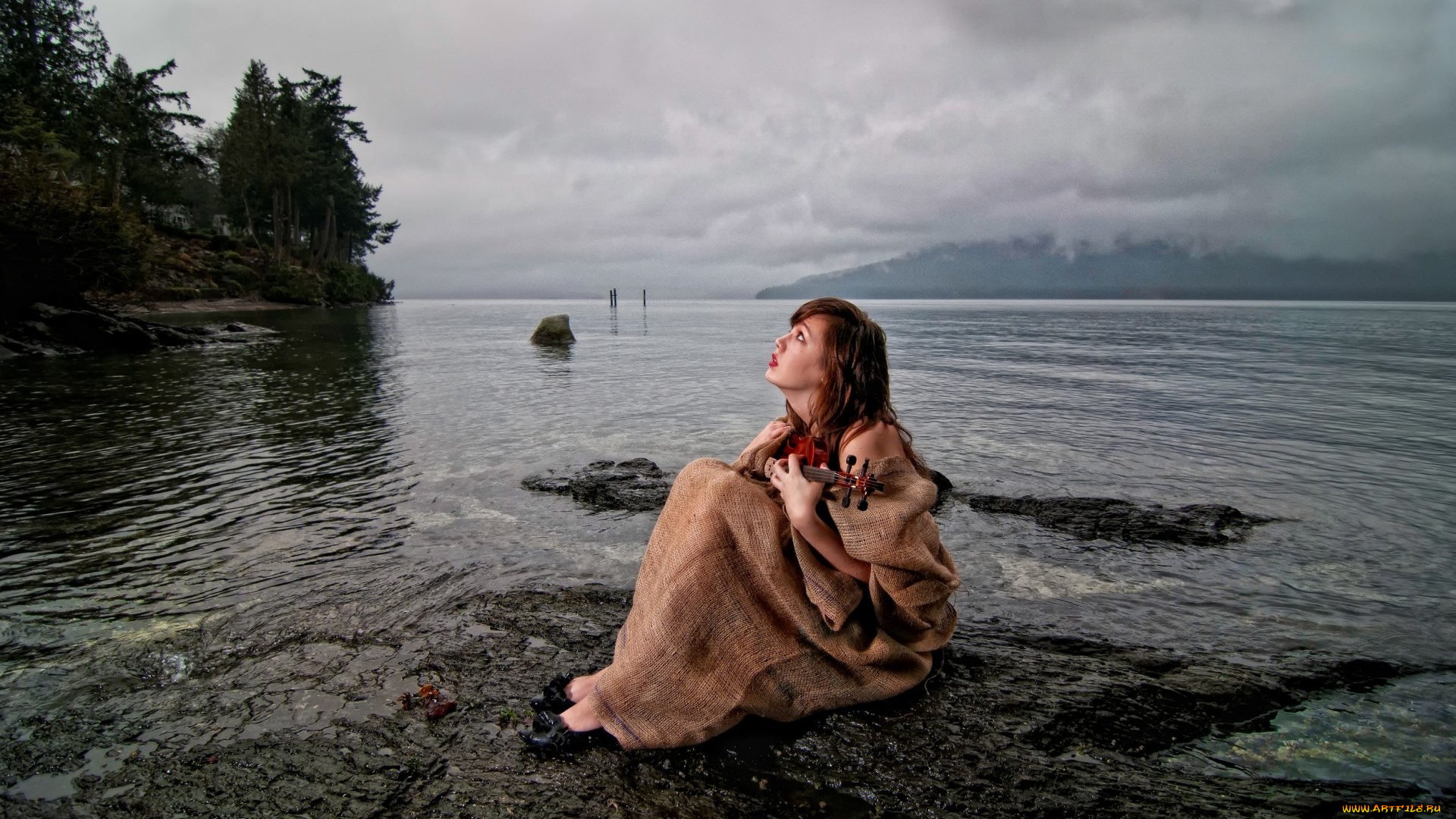 музыка, -другое, девушка, взгляд, скрипка, водоем, природа, деревья