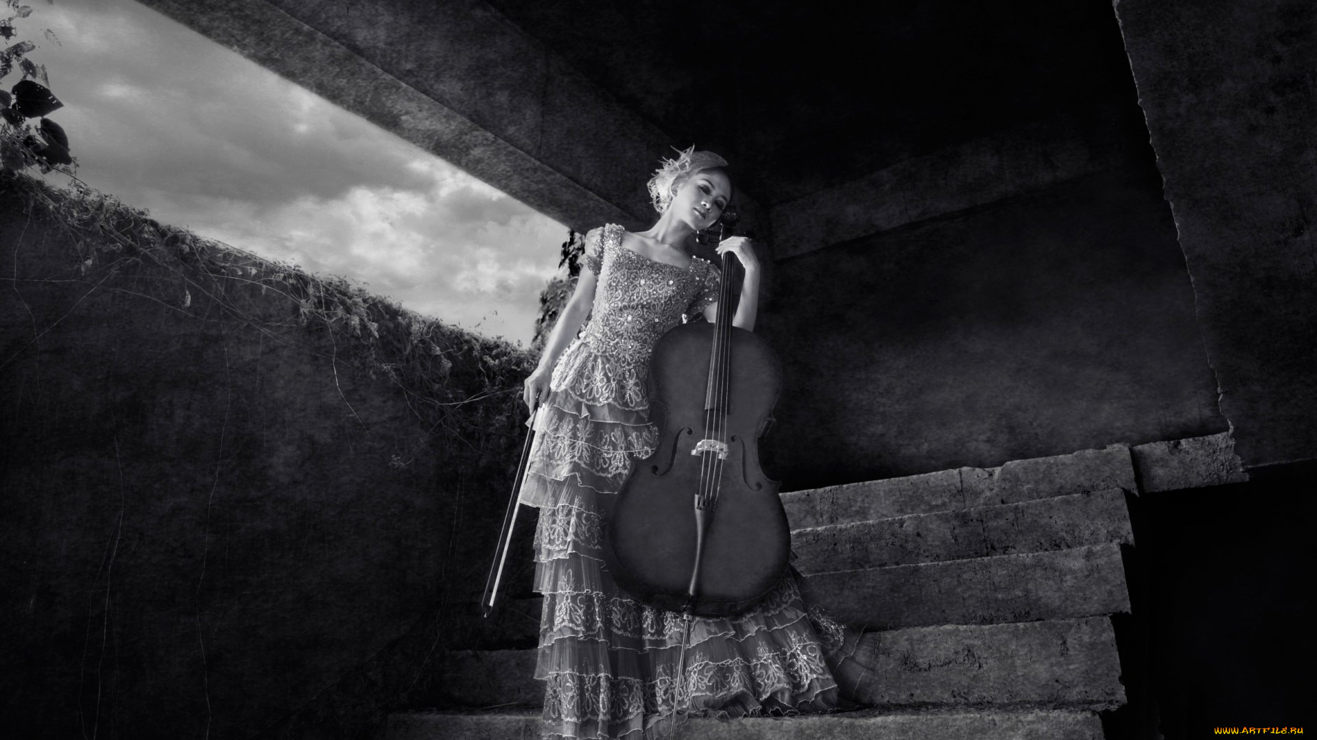 музыка, -другое, ступени, виолончель, девушка, взгляд