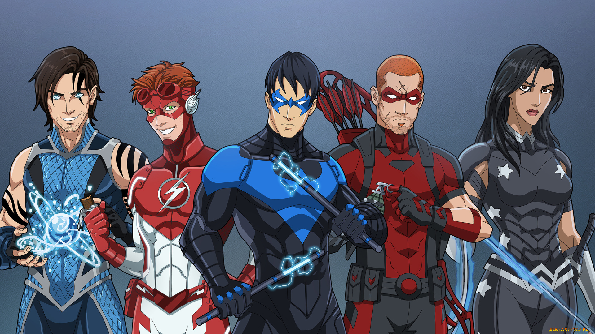 рисованное, комиксы, униформа, взгляд, фон, девушка, мужчины