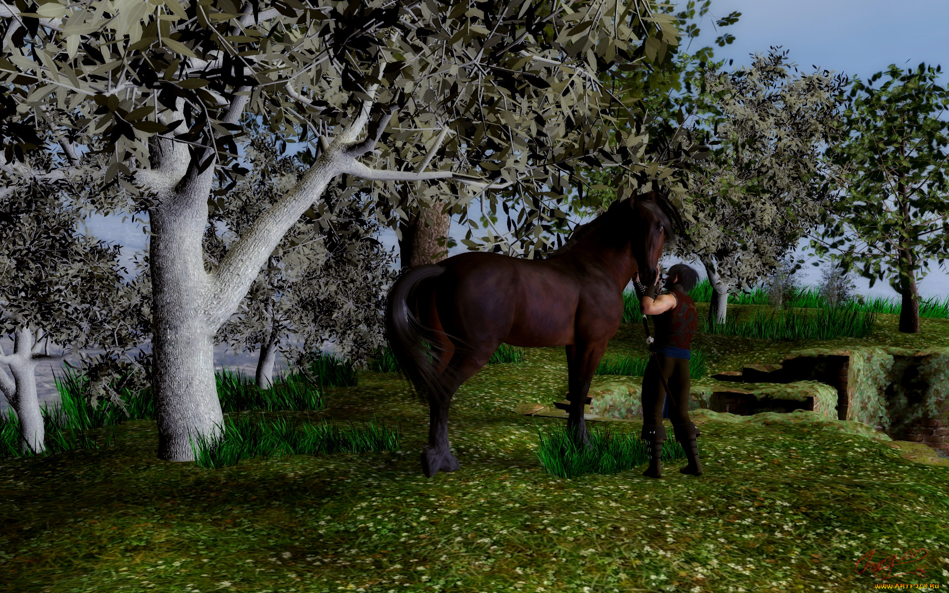 3д, графика, люди, и, животные, , people, and, animals, лошадь, взгляд, фон, мужчина