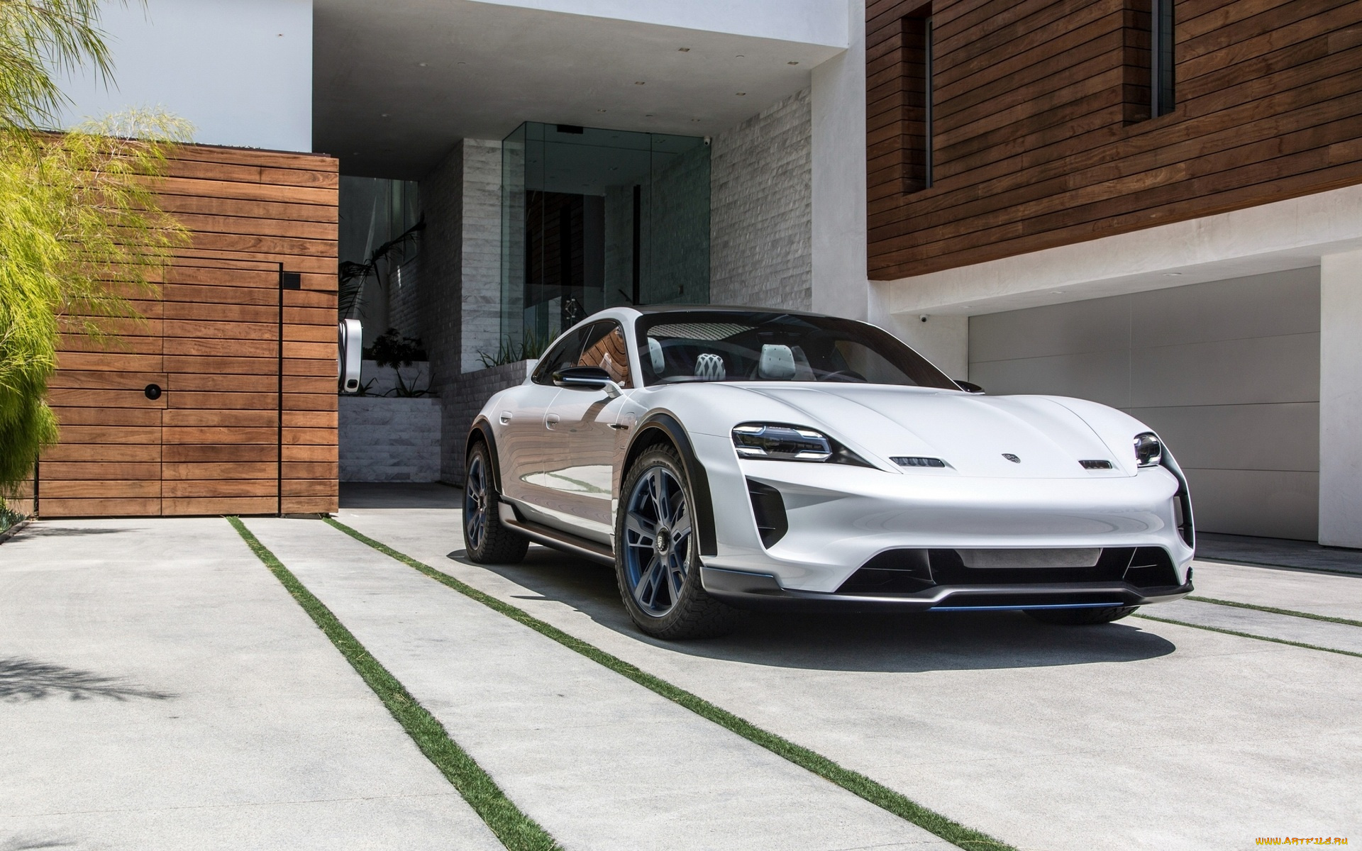 автомобили, porsche, порше, двор, белый, mission, e, cross, turismo, здание