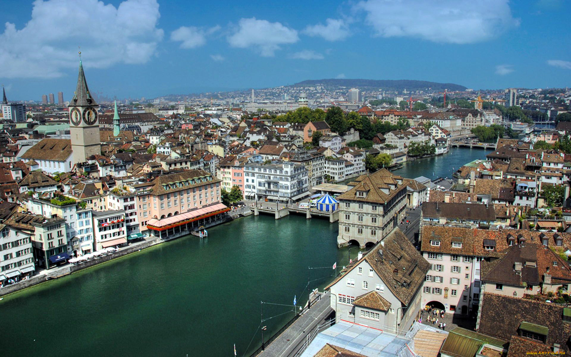города, цюрих, , швейцария, панорама, река