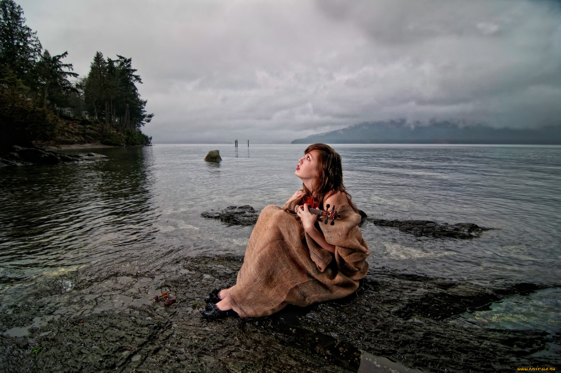 музыка, -другое, девушка, взгляд, скрипка, водоем, природа, деревья