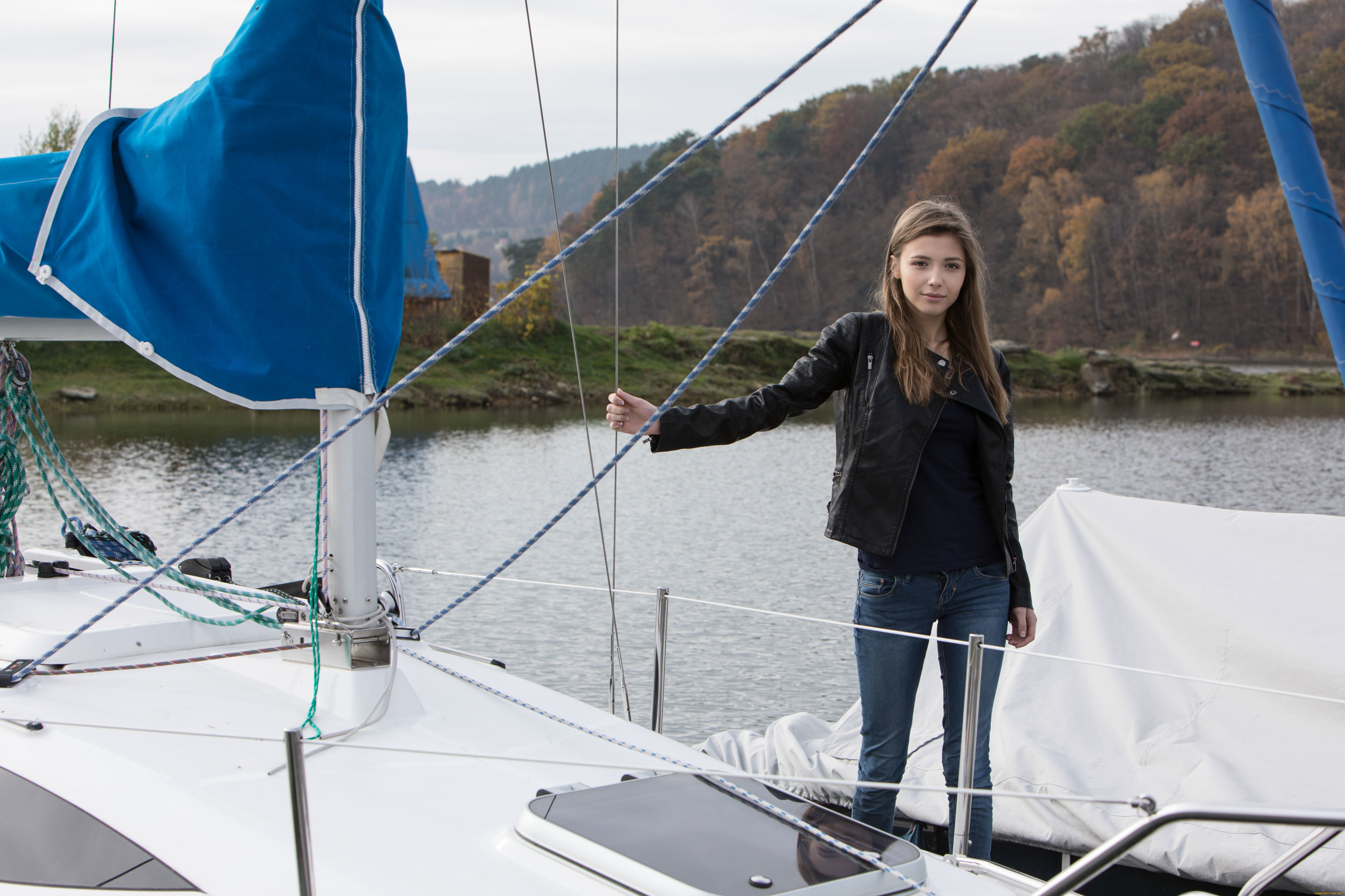 девушки, mila, azul, горы, лес, яхта, взгляд, фон, девушка