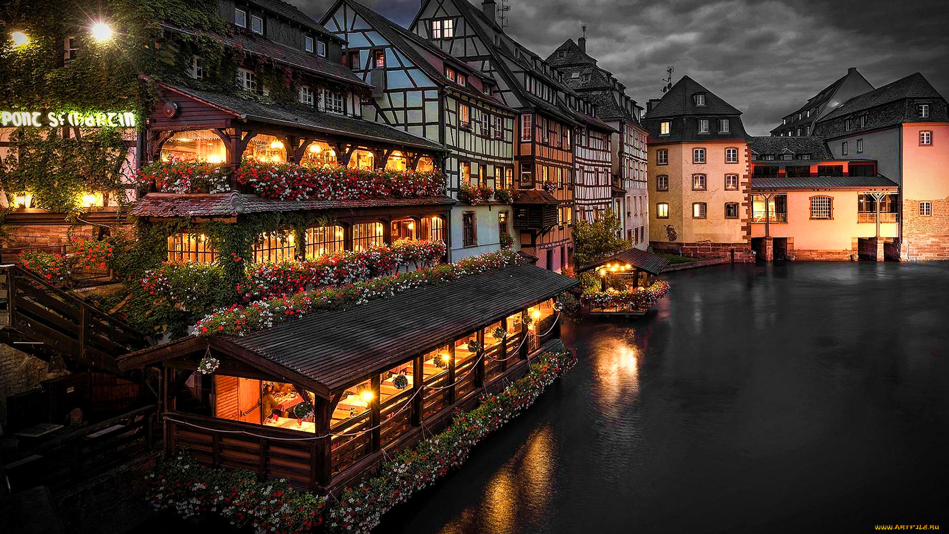 города, страсбург, , франция, канал, вечер, огни
