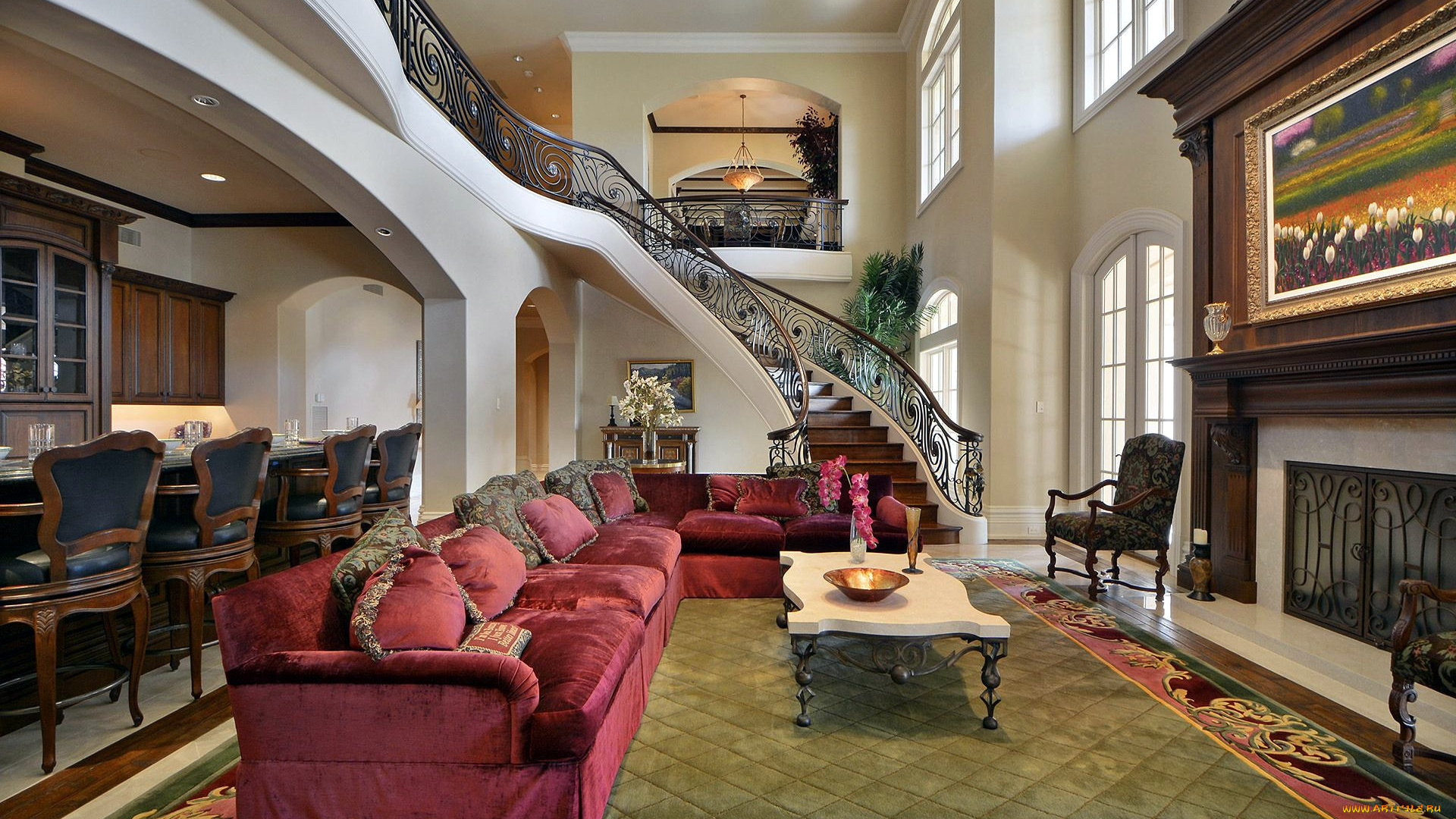 интерьер, гостиная, ковер, камин, диваны