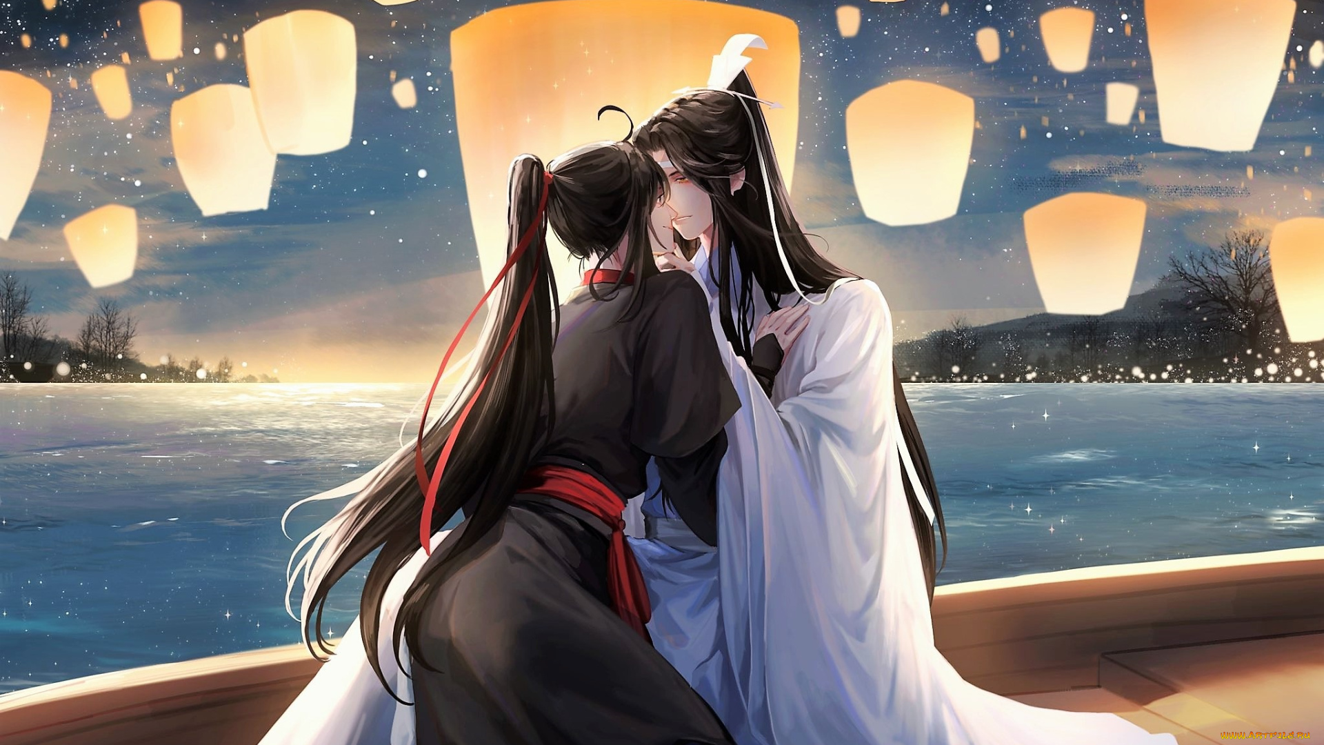 аниме, mo, dao, zu, shi, вэй, усянь, лань, ванцзы, лодка, озеро, фонари