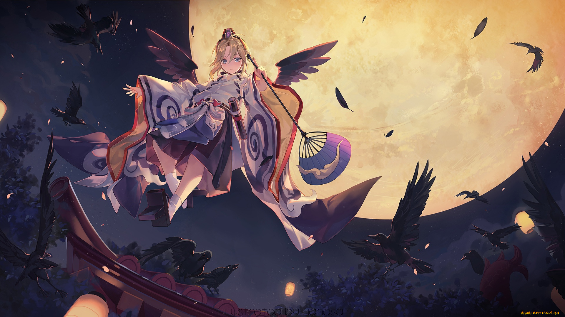аниме, onmyouji, девочка, опахало, птицы, луна