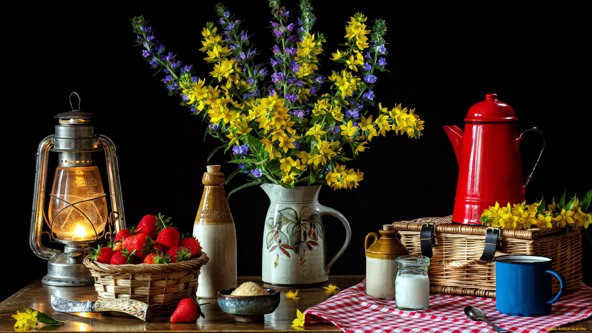 еда, клубника, , земляника, корзинка, цветы, букет, лампа, сахар