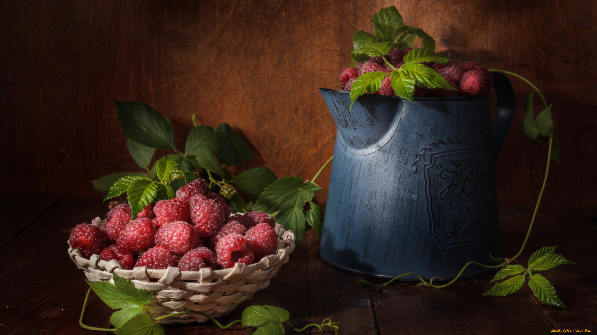 еда, малина, корзинка, ягоды, листья