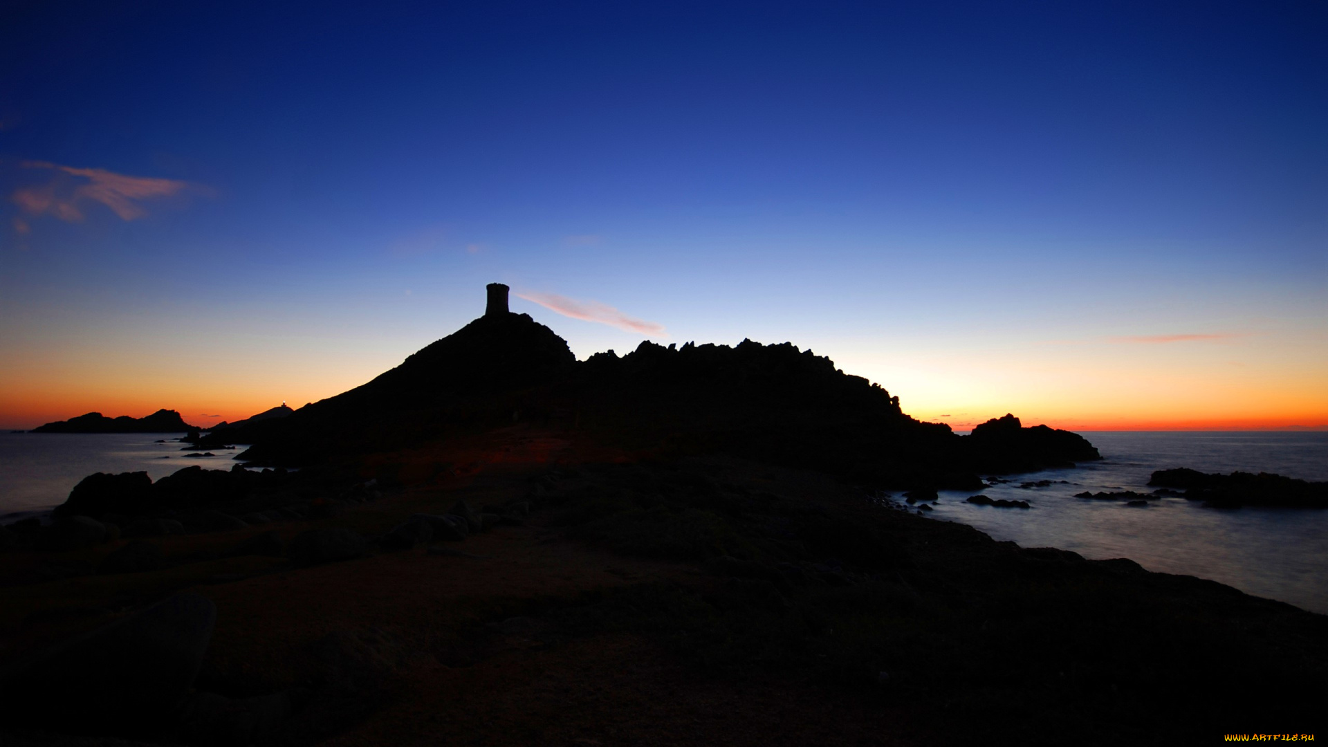 природа, побережье, закат, силуэт, берег