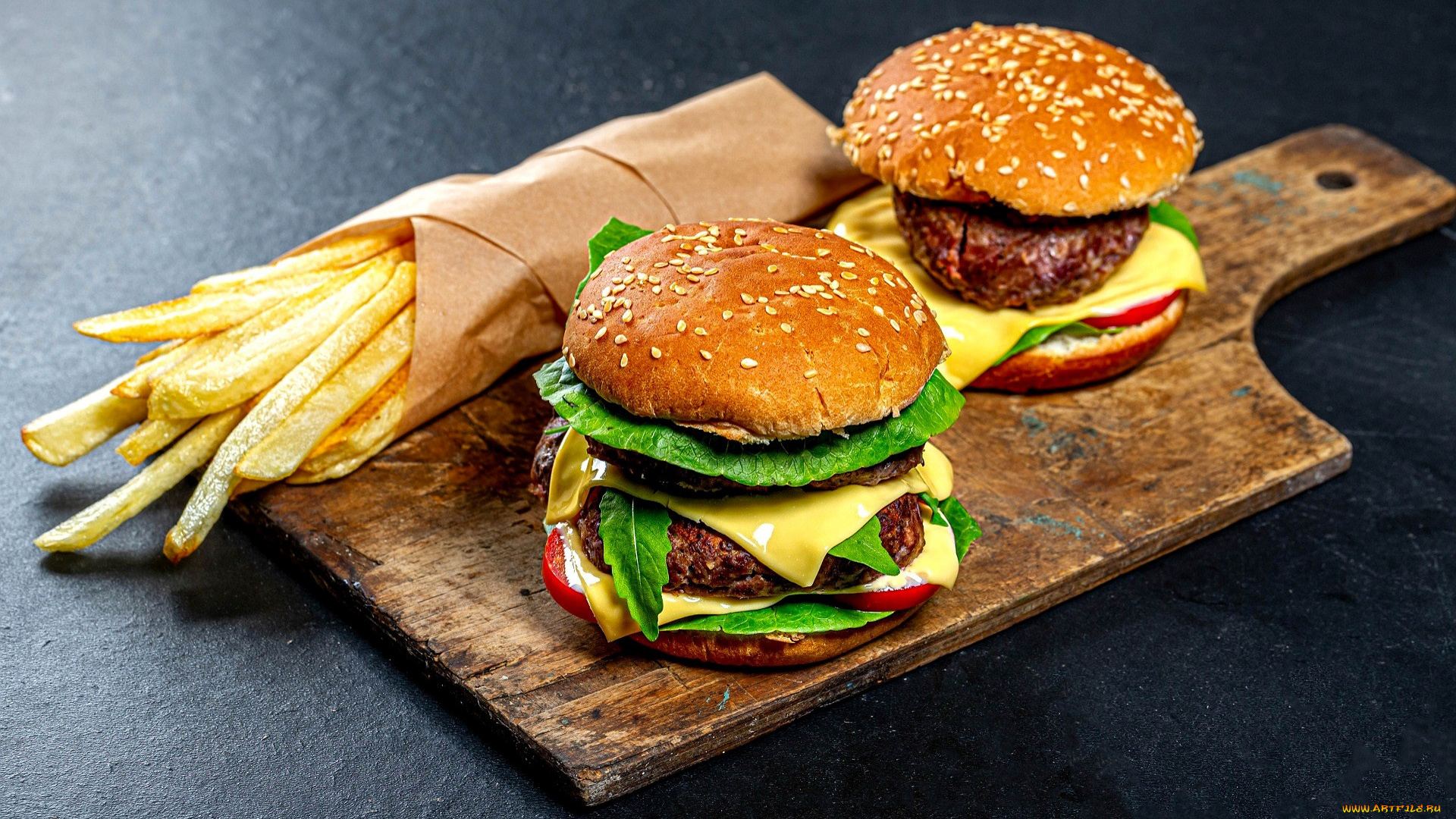 еда, бутерброды, , гамбургеры, , канапе, бургеры, картошка, разделочная, доска