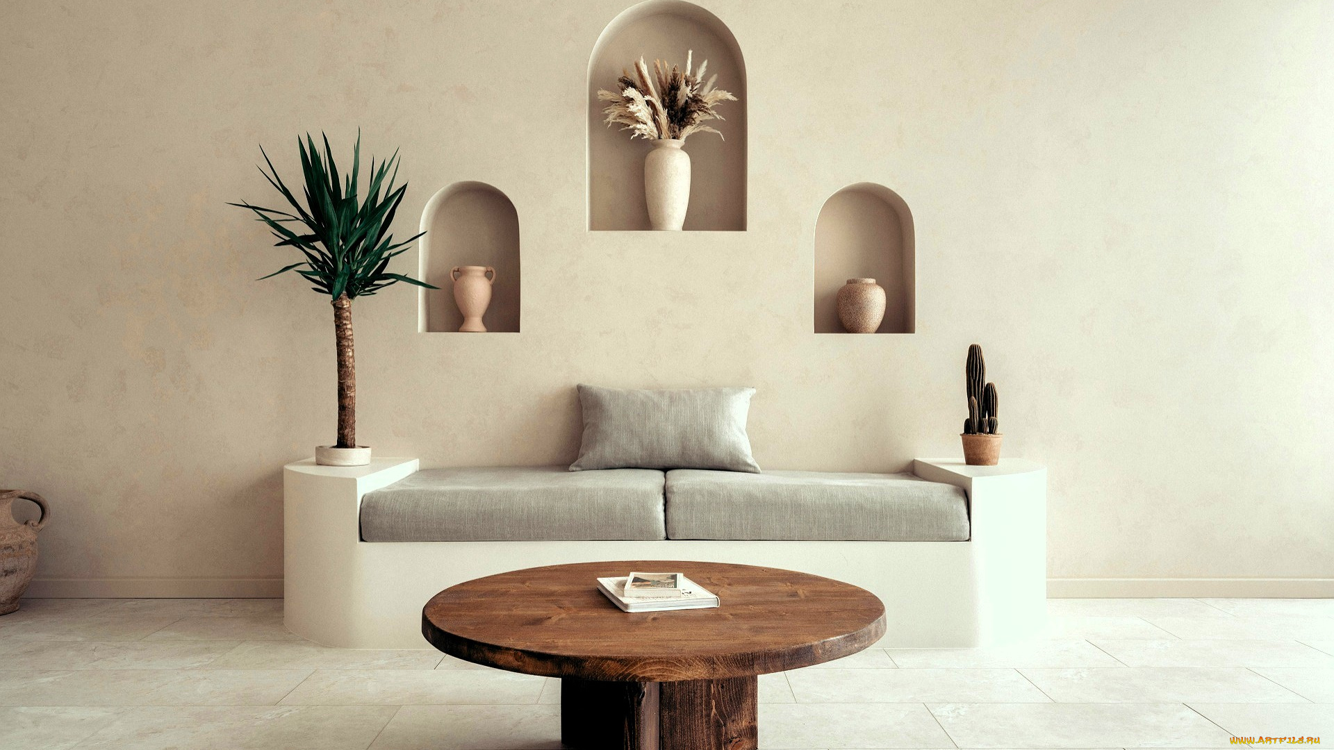 интерьер, гостиная, стол, книга, диван, подушка, пальма, ниши, вазы