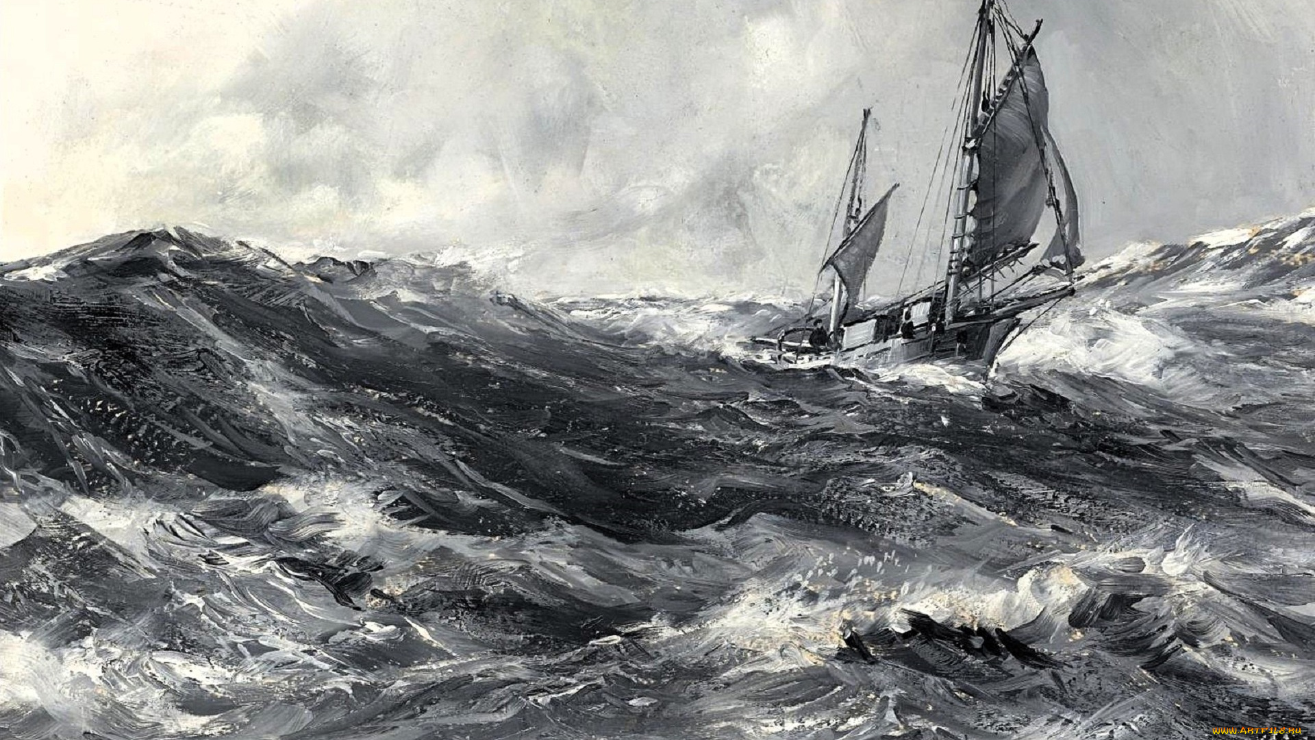 рисованное, montague, dawson, корабль, море, шторм, парусник