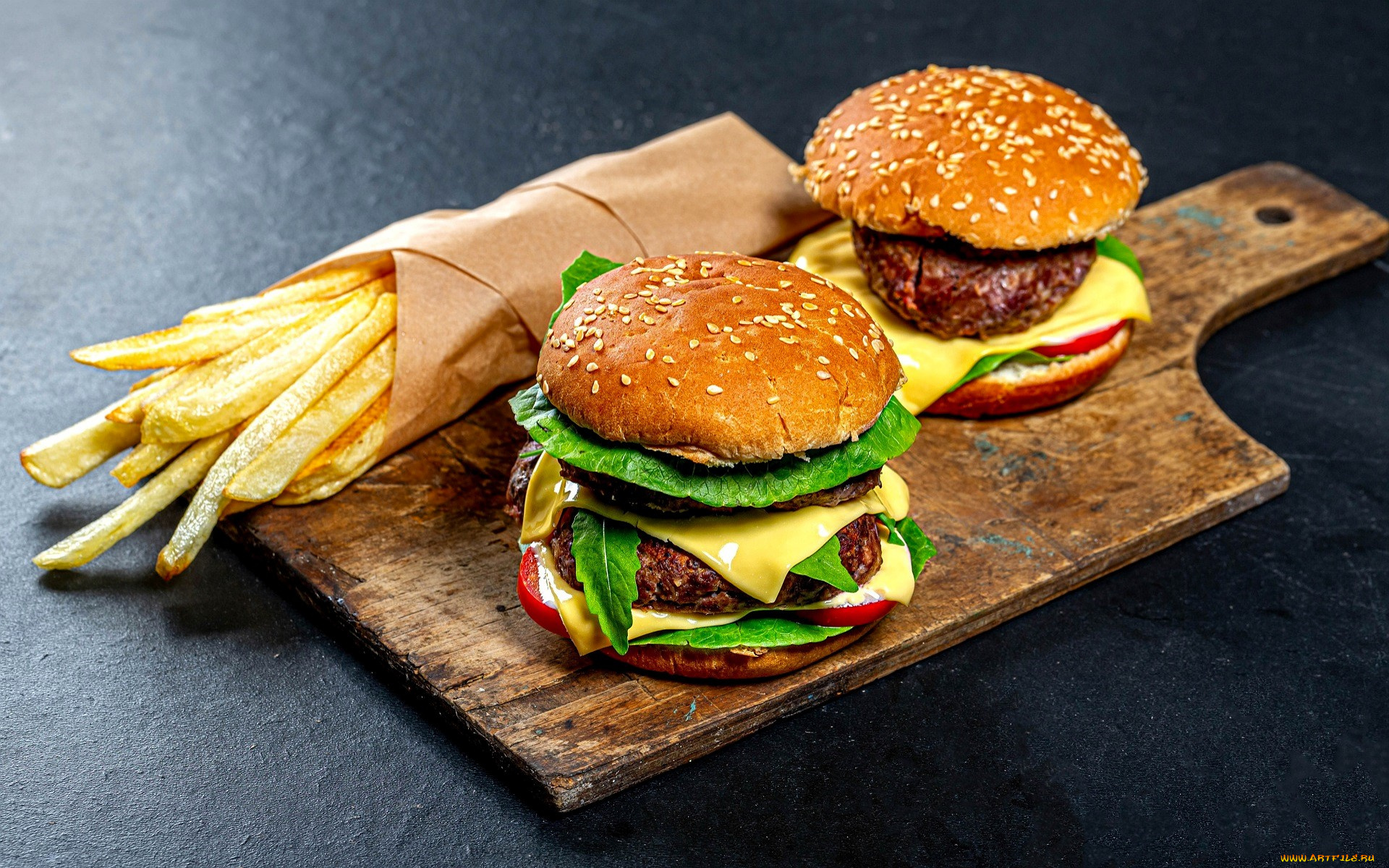 еда, бутерброды, , гамбургеры, , канапе, бургеры, картошка, разделочная, доска