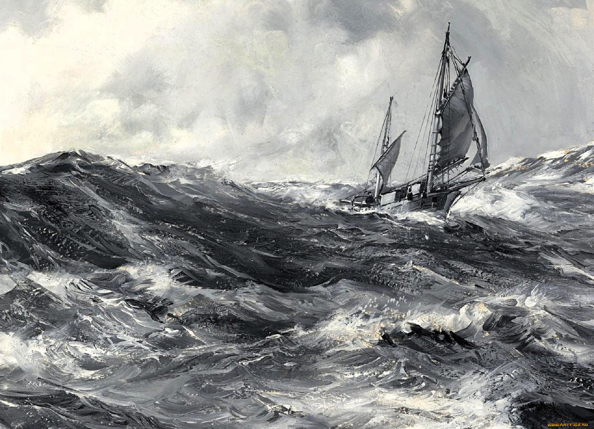 рисованное, montague, dawson, корабль, море, шторм, парусник