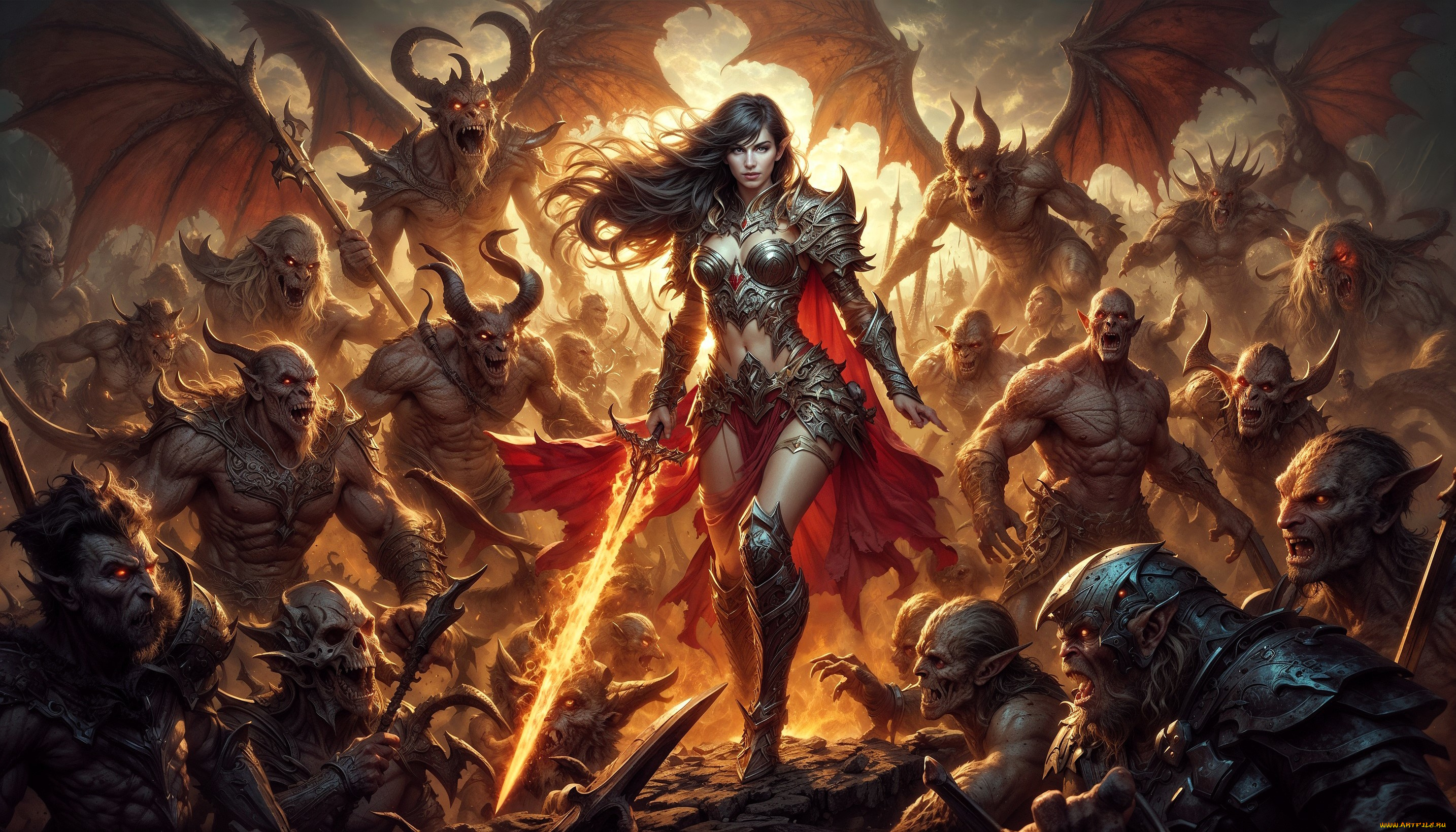 фэнтези, красавицы, и, чудовища, девушка, плащ, броня, меч, демоны