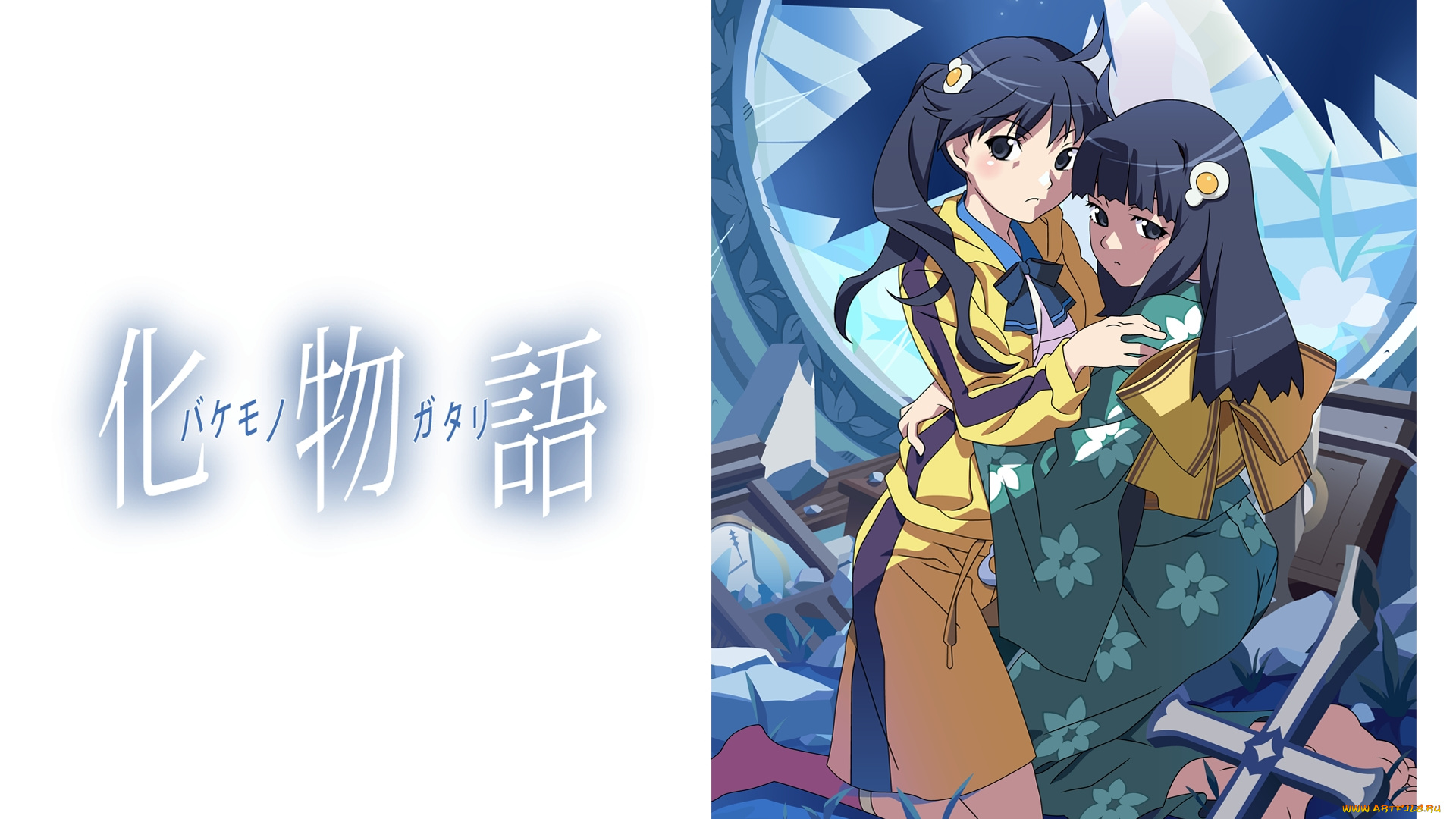 аниме, bakemonogatari, araragi, karen, araragi, tsukihi, девушки, форма, кимоно, заколка, крест, зеркало, осколки