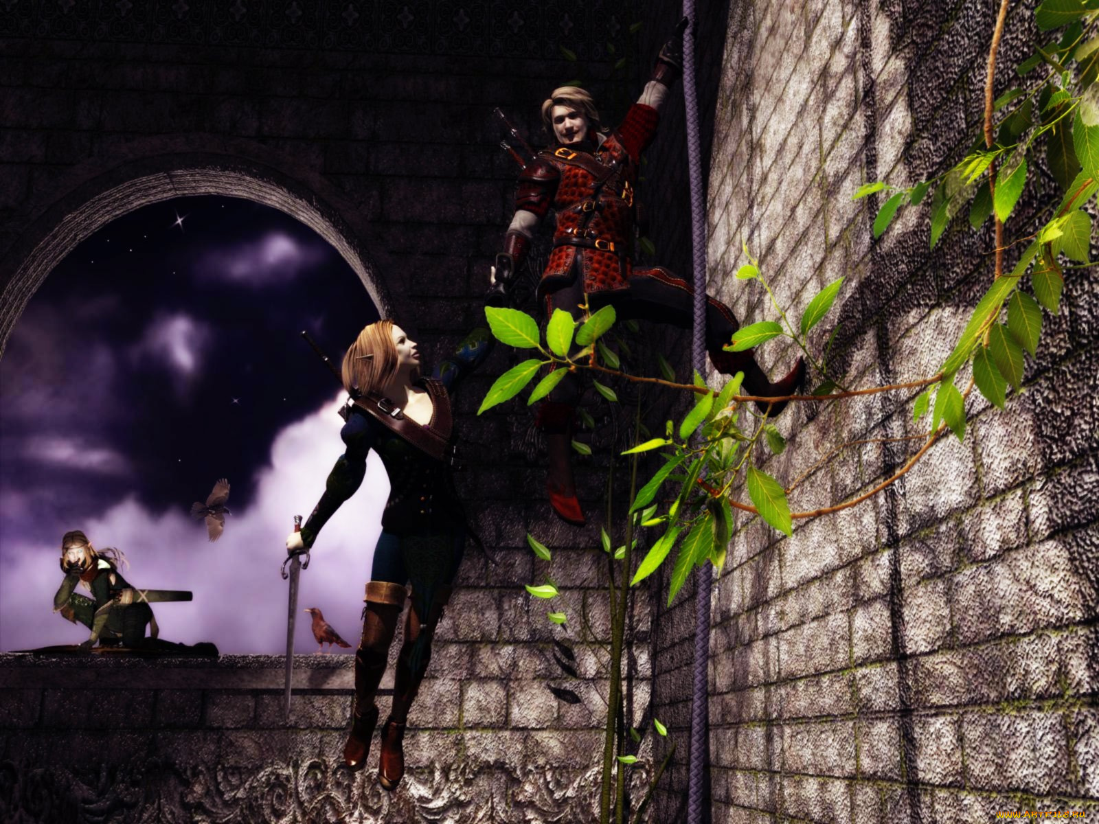 3д, графика, elves, эльфы, верёвка, стена