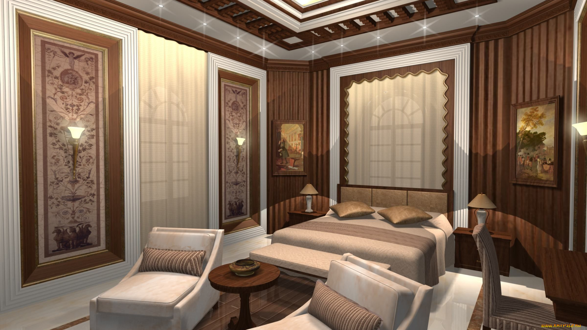 3д, графика, realism, реализм, кровать, подушка, кресло, спальня