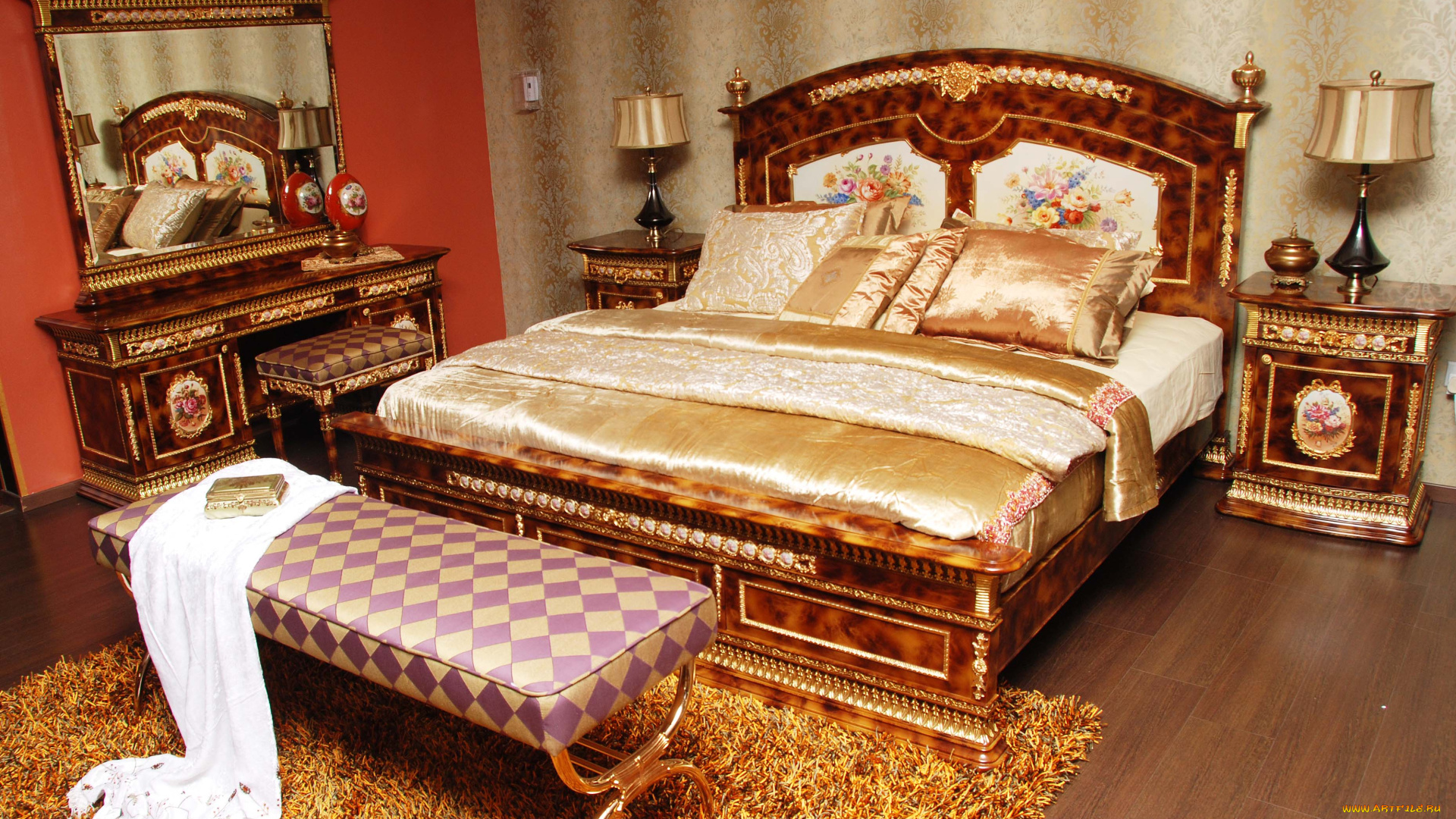 интерьер, спальня, лампа, кровать, подушка, зеркало, ковер