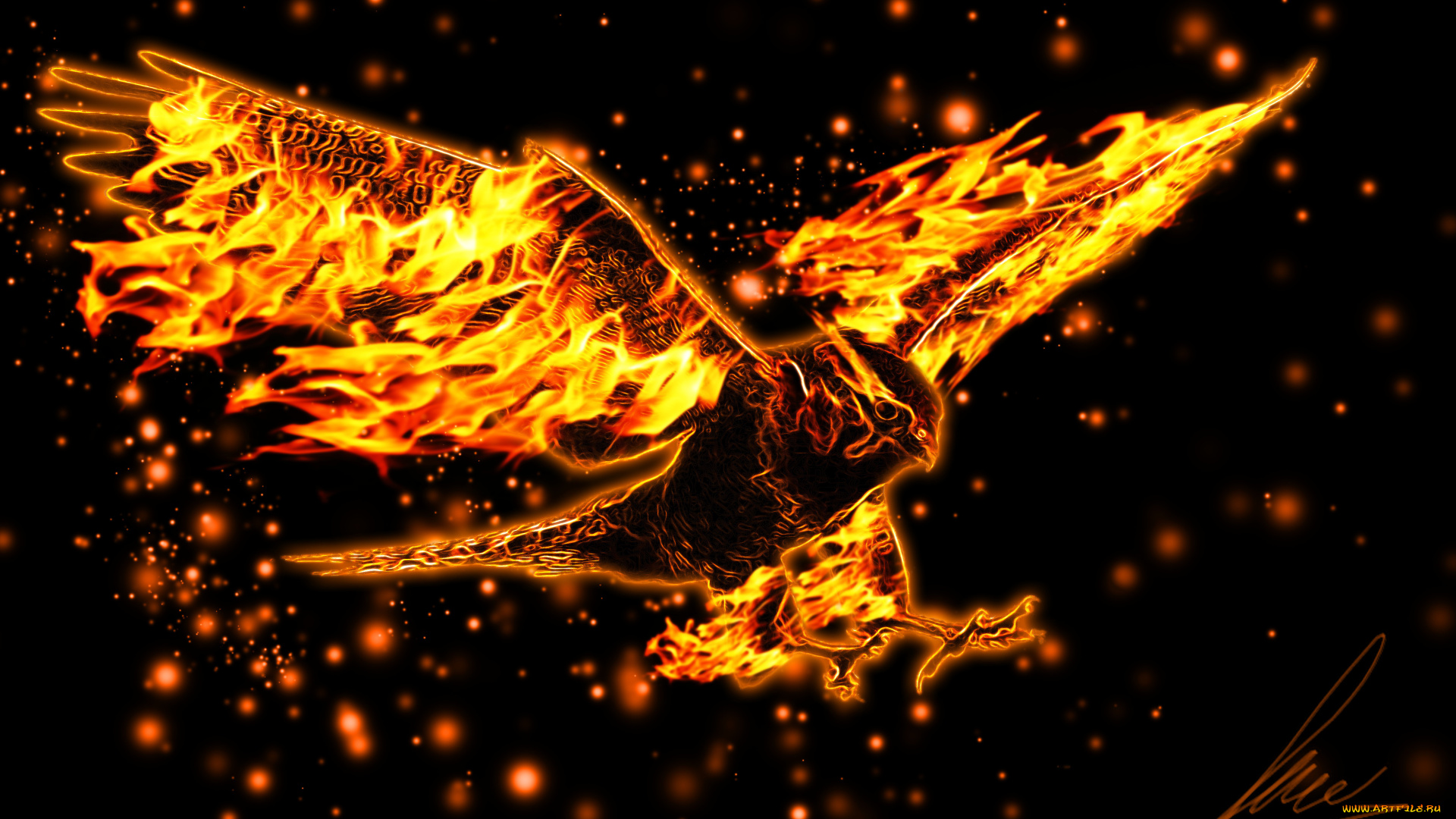 3д, графика, animals, животные, крылья, полёт, орел, горящий