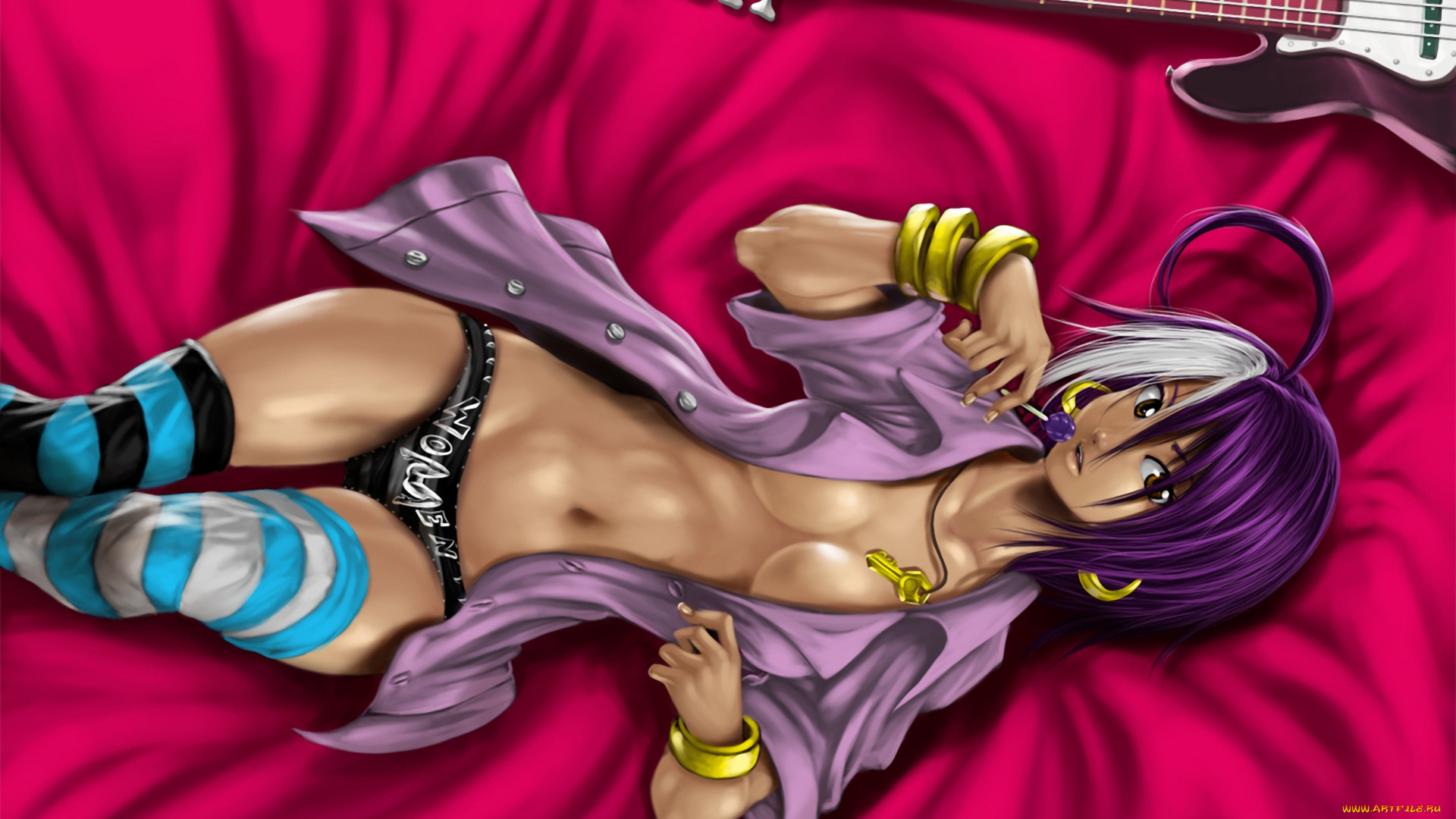 аниме, headphones, instrumental, браслеты, ключ, леденец, гитара, лежит, постель, девушка