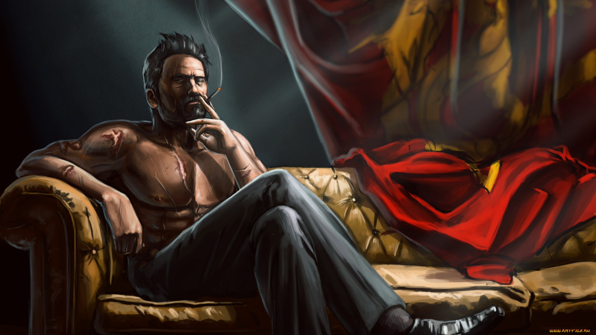 рисованные, люди, мужчина, сигарета, диван