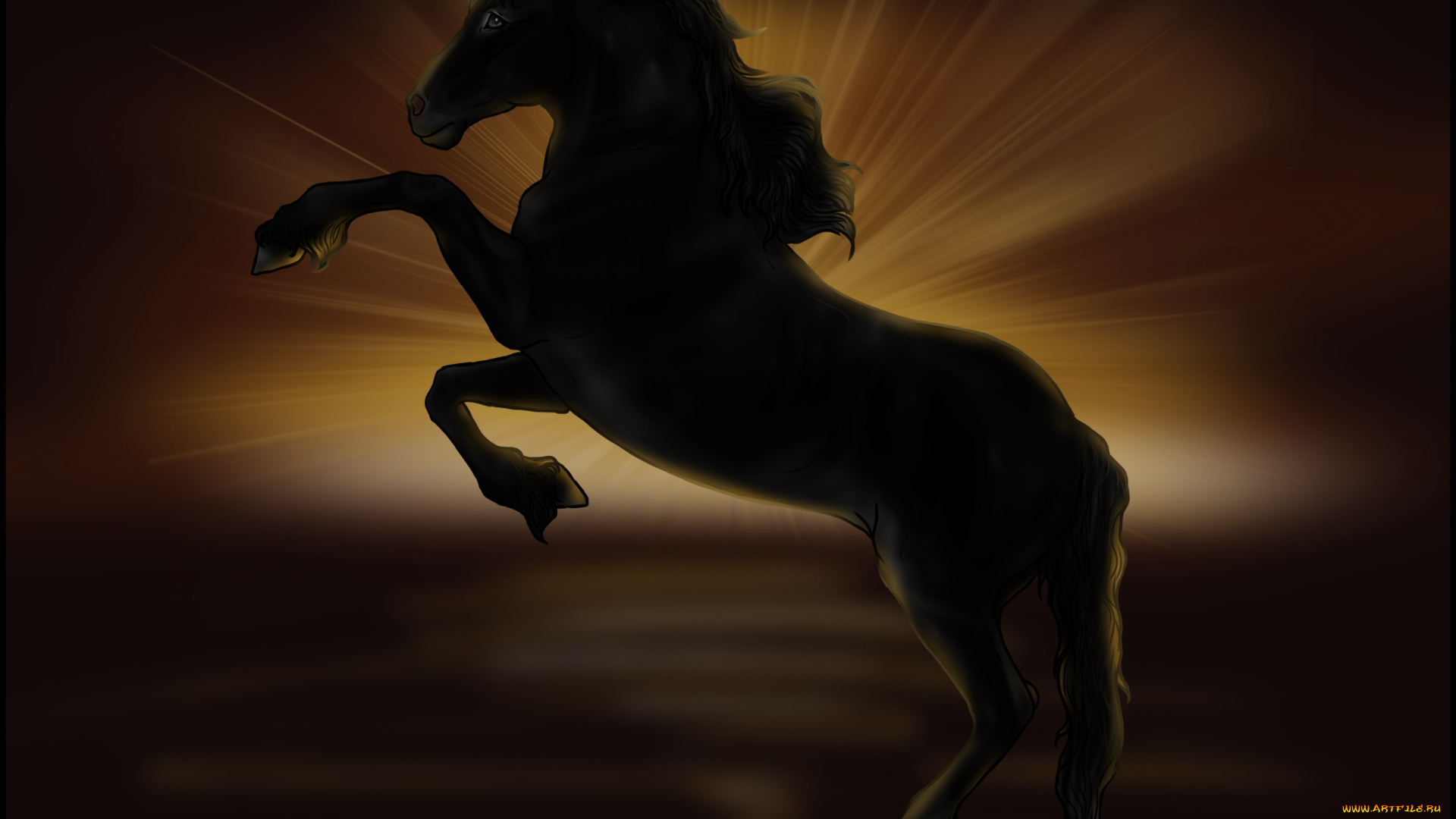 рисованные, животные, лошади, лошадь, закат