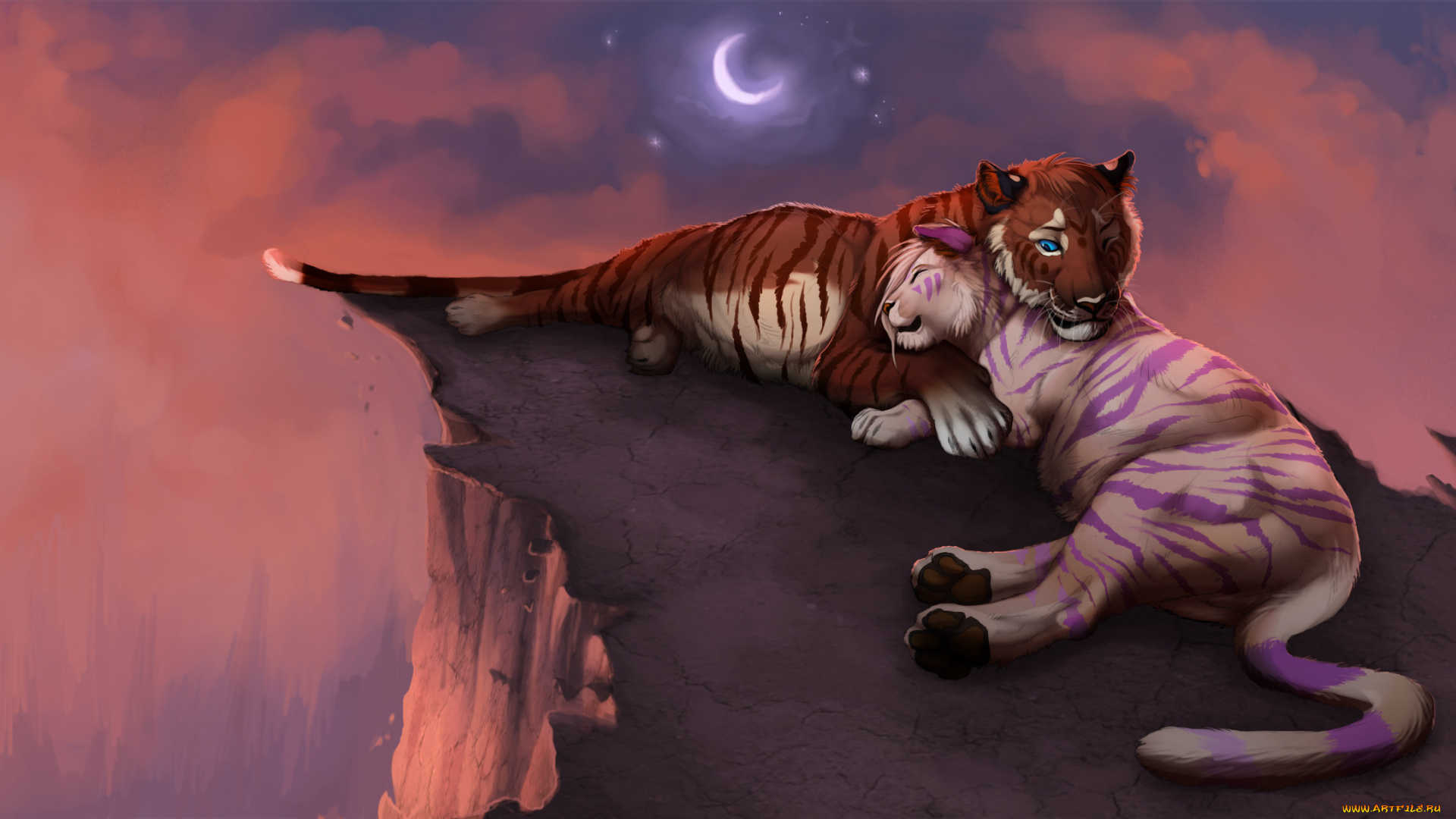 рисованные, животные, сказочные, мифические, луна, звезды, любовь, тигр, кошки, небо, романтика
