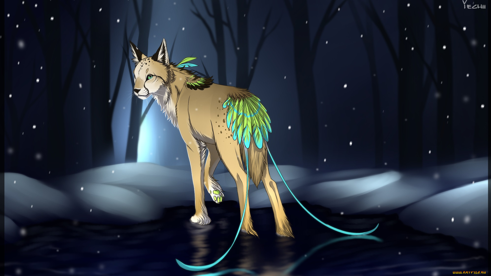 рисованные, животные, сказочные, мифические, снег, лес, рысь