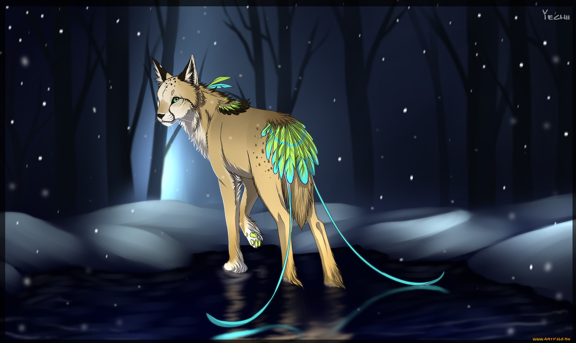 рисованные, животные, сказочные, мифические, снег, лес, рысь