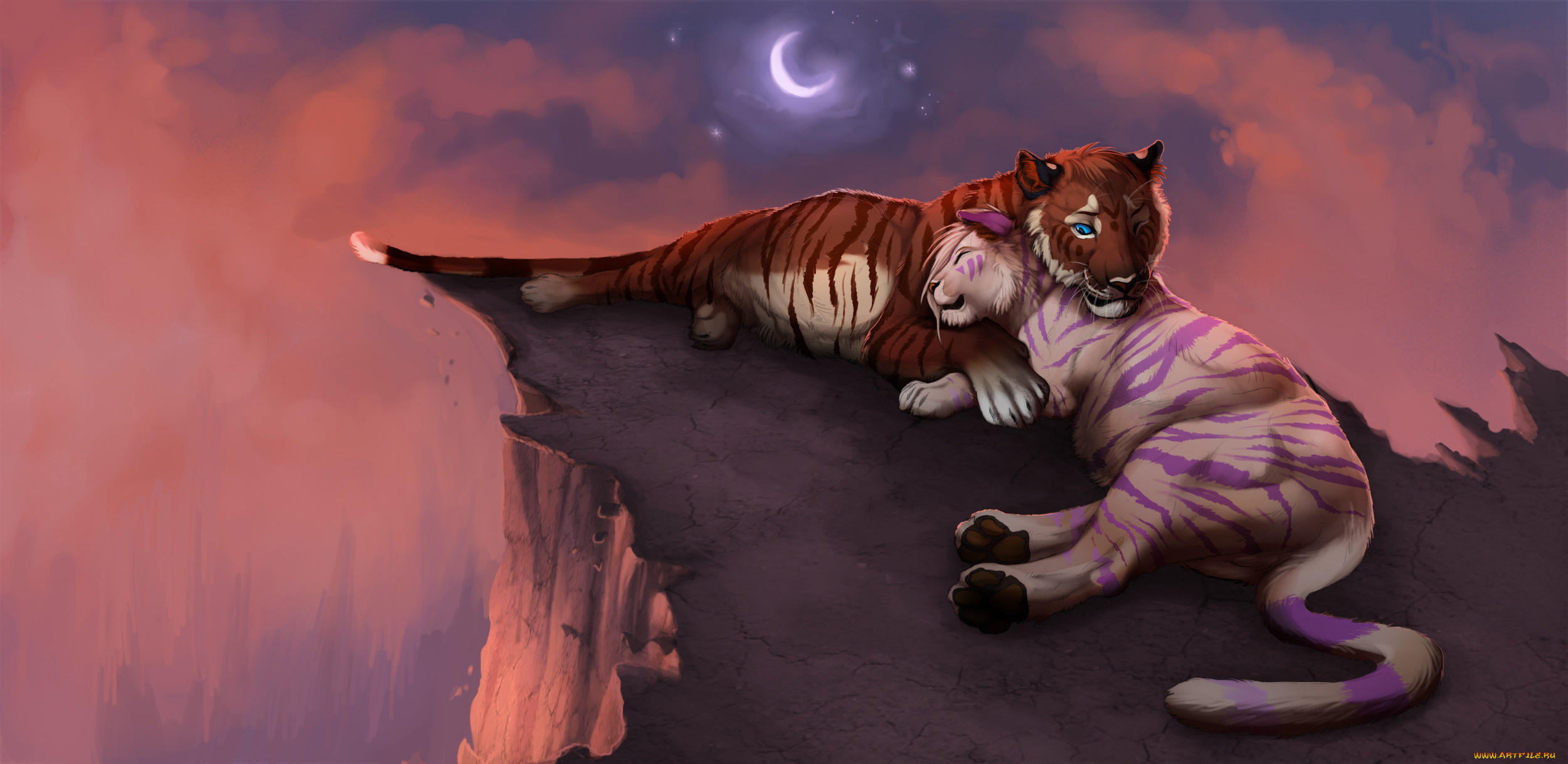 рисованные, животные, сказочные, мифические, луна, звезды, любовь, тигр, кошки, небо, романтика