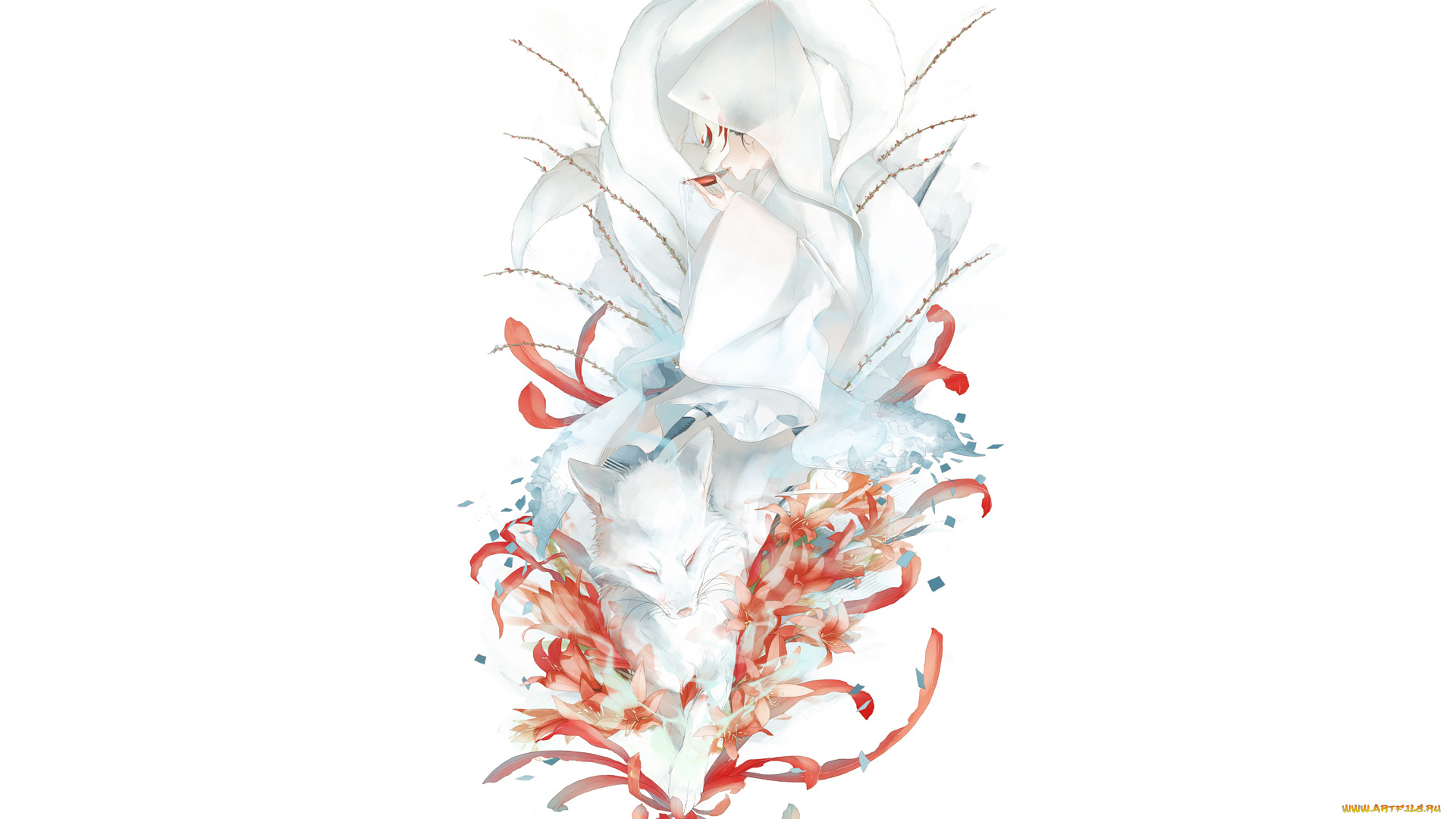 аниме, -animals, &, creatures, art, re, девушка, маска, лиса, цветы