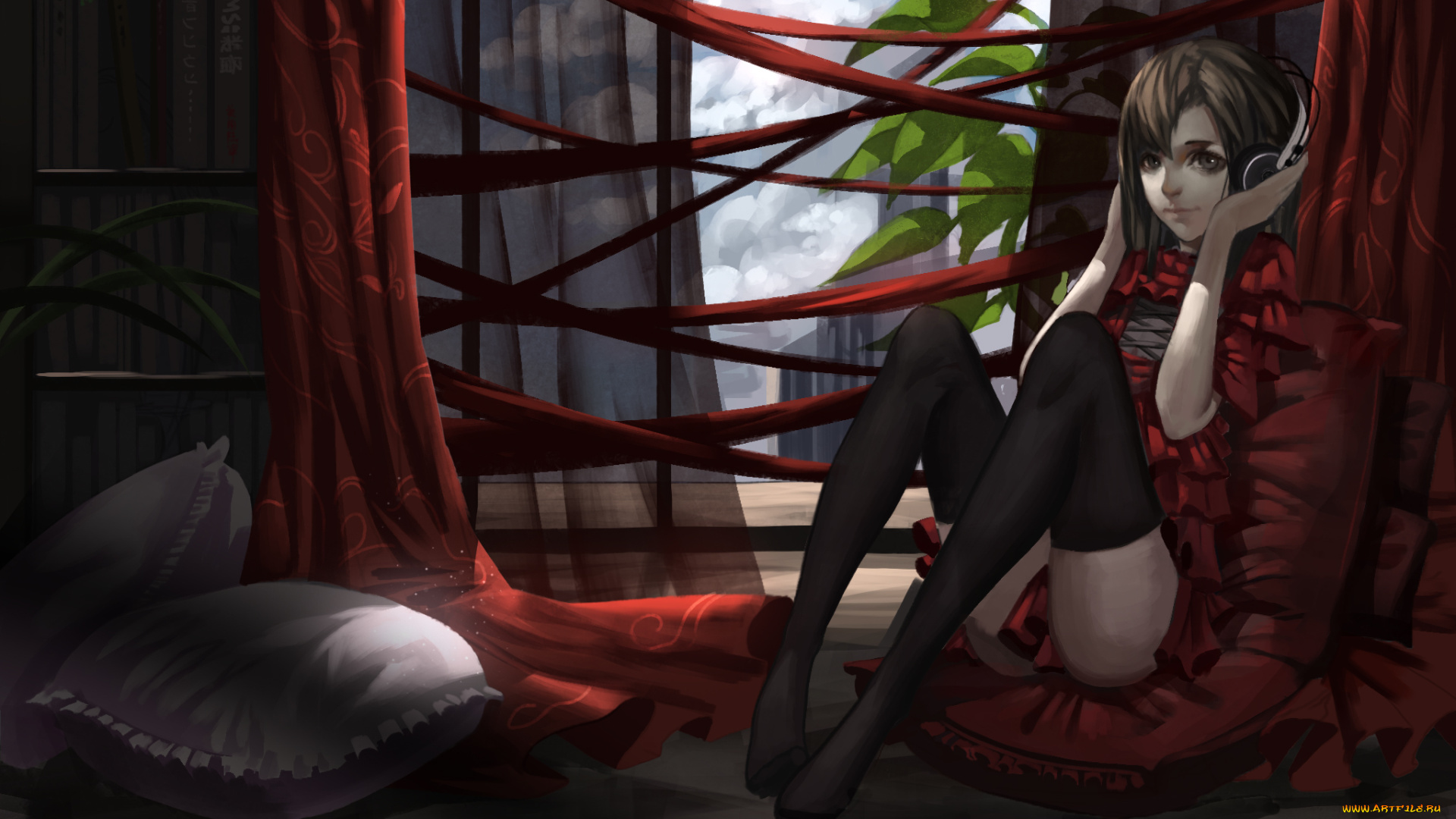 аниме, -headphones, &, instrumental, ленты, baka, арт, чулки, подушки, наушники, сидя, девушка