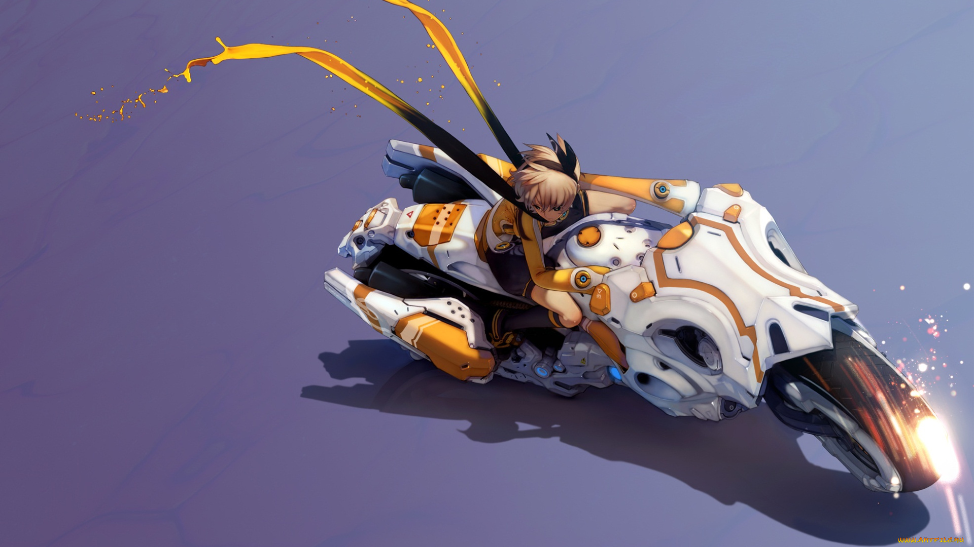 аниме, -weapon, , blood, &, technology, девушка, сиреневый, фон, мотоцикл