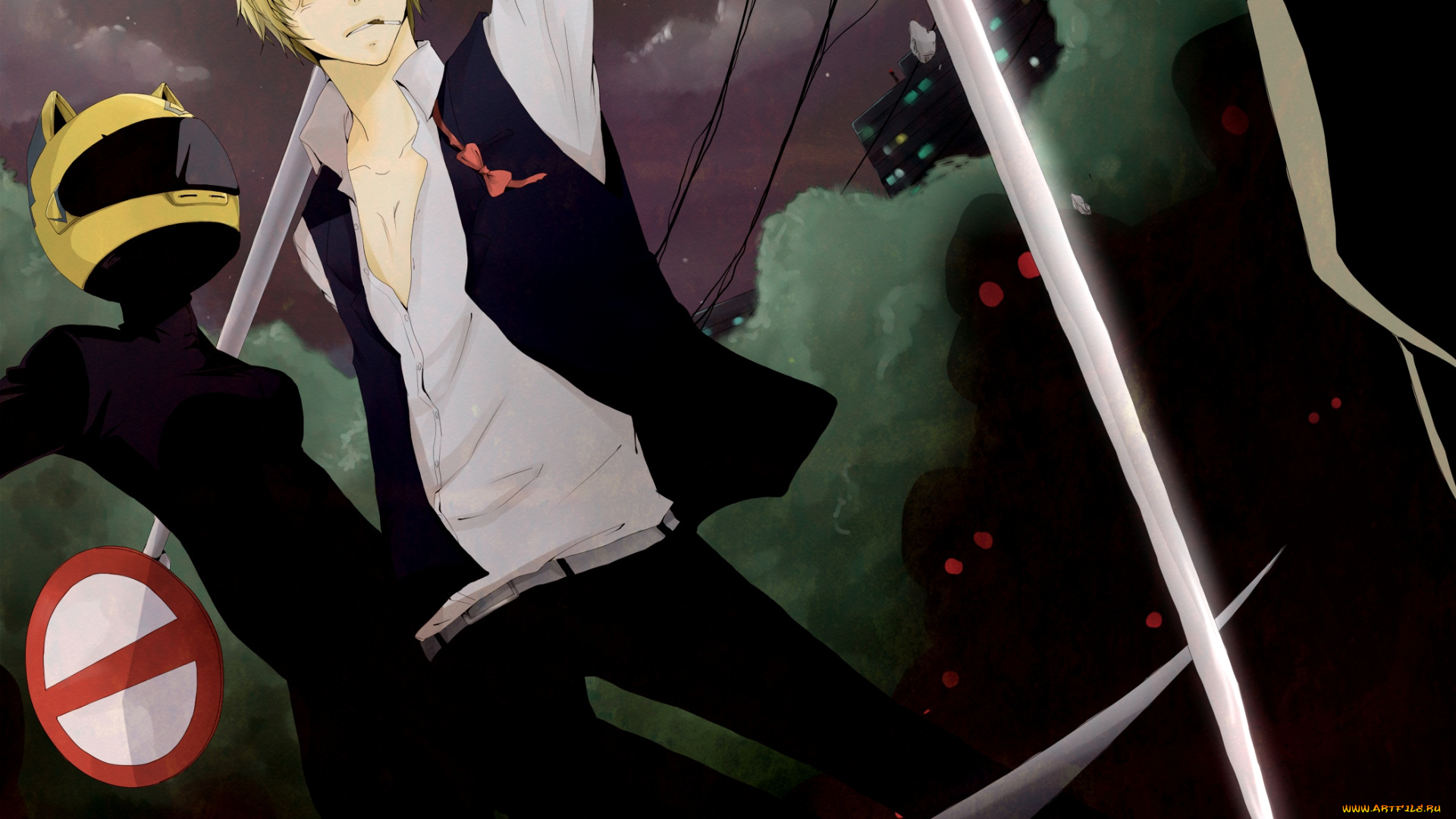 аниме, dyurarara, город, ночь, мужчина, девушка, провода, знак, celty, sturluson, heiwajima, shizuo, тени, шлем, сигарета, дюрарара