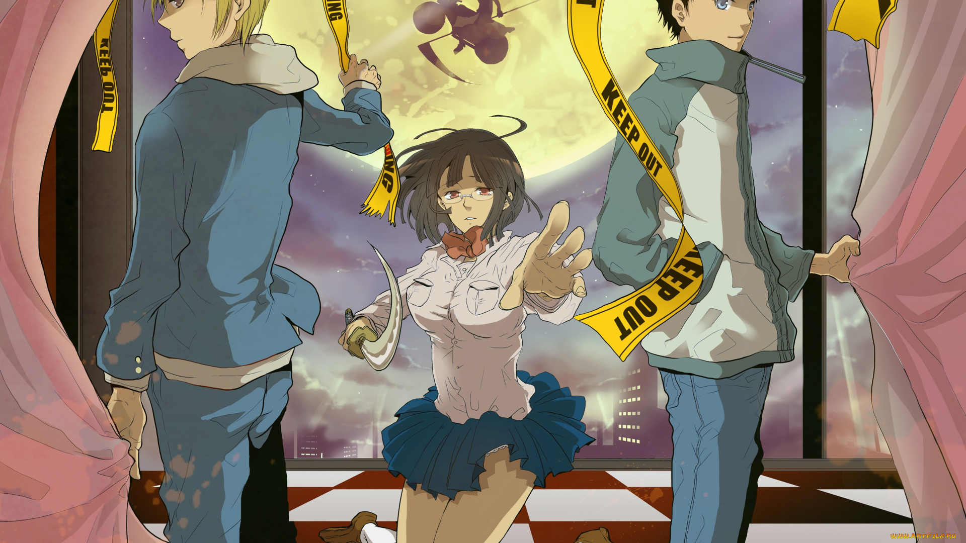 аниме, dyurarara, мотоцикл, коса, клетчатый, пол, ночь, лента, луна, шторы, мужчина, окно, дюрарара, арт, персонажи, девушка, меч, kida, masaomi, celty, sturluson, sonohara, anri, ryuugamine, mikado