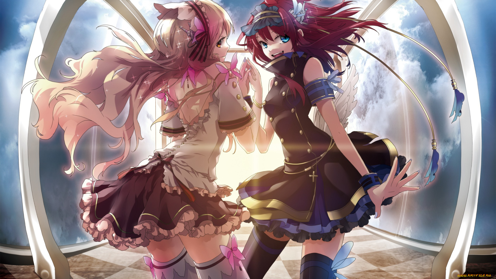 аниме, *unknown, , другое, бант, повязки, клетчатый, пол, облака, девушки, платья, крылья, небо