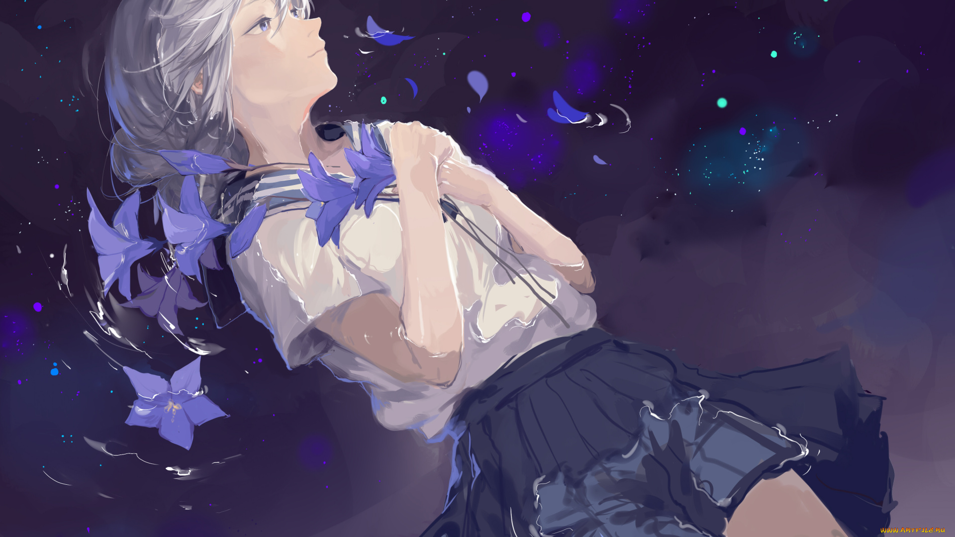 аниме, *unknown, , другое, девушка, вода, арт, юбка, рубашка, лепестки, цветы