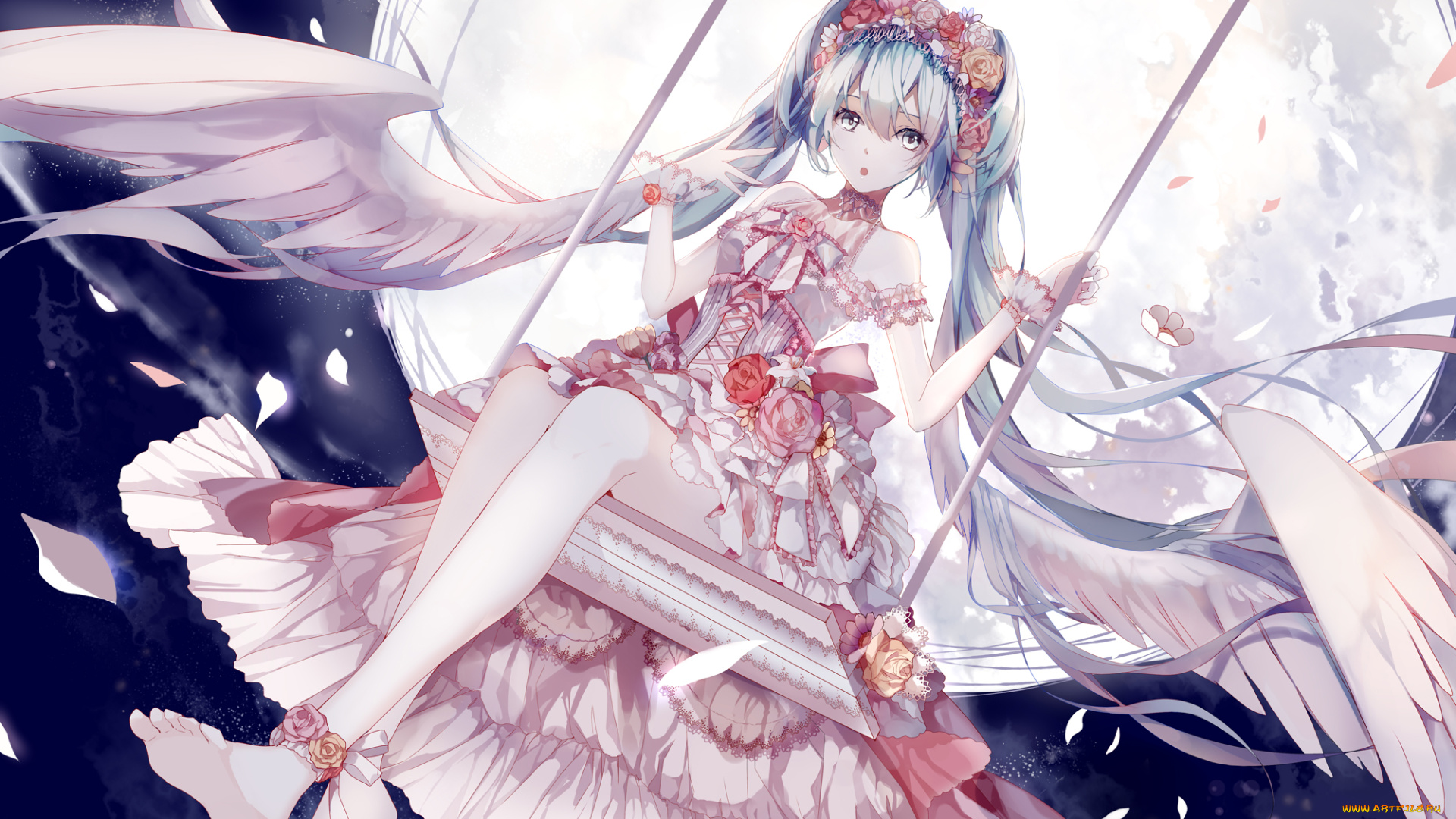 аниме, vocaloid, качели, цветы, платье, ночь, луна, крылья, арт, ангел, девушка, hatsune, miku