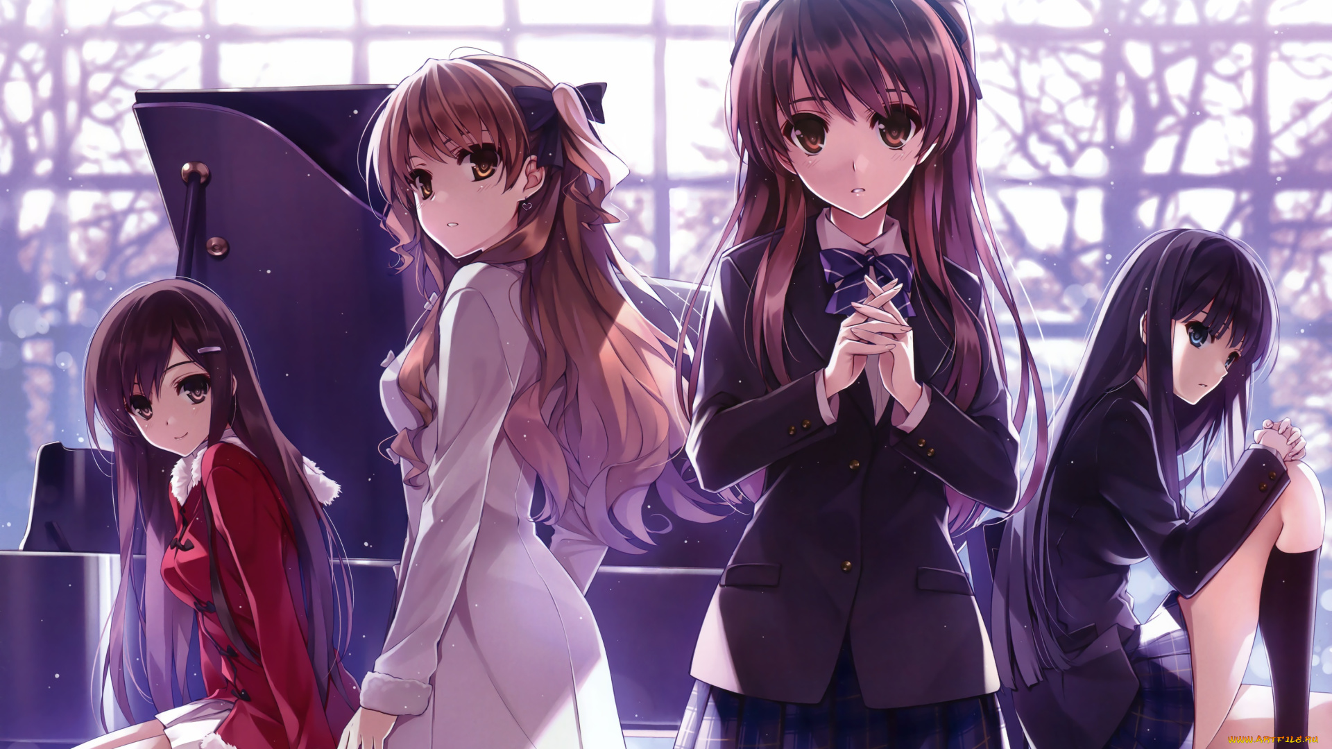 аниме, white, album, деревья, окно, white, album, девушки, комната, фортепиано