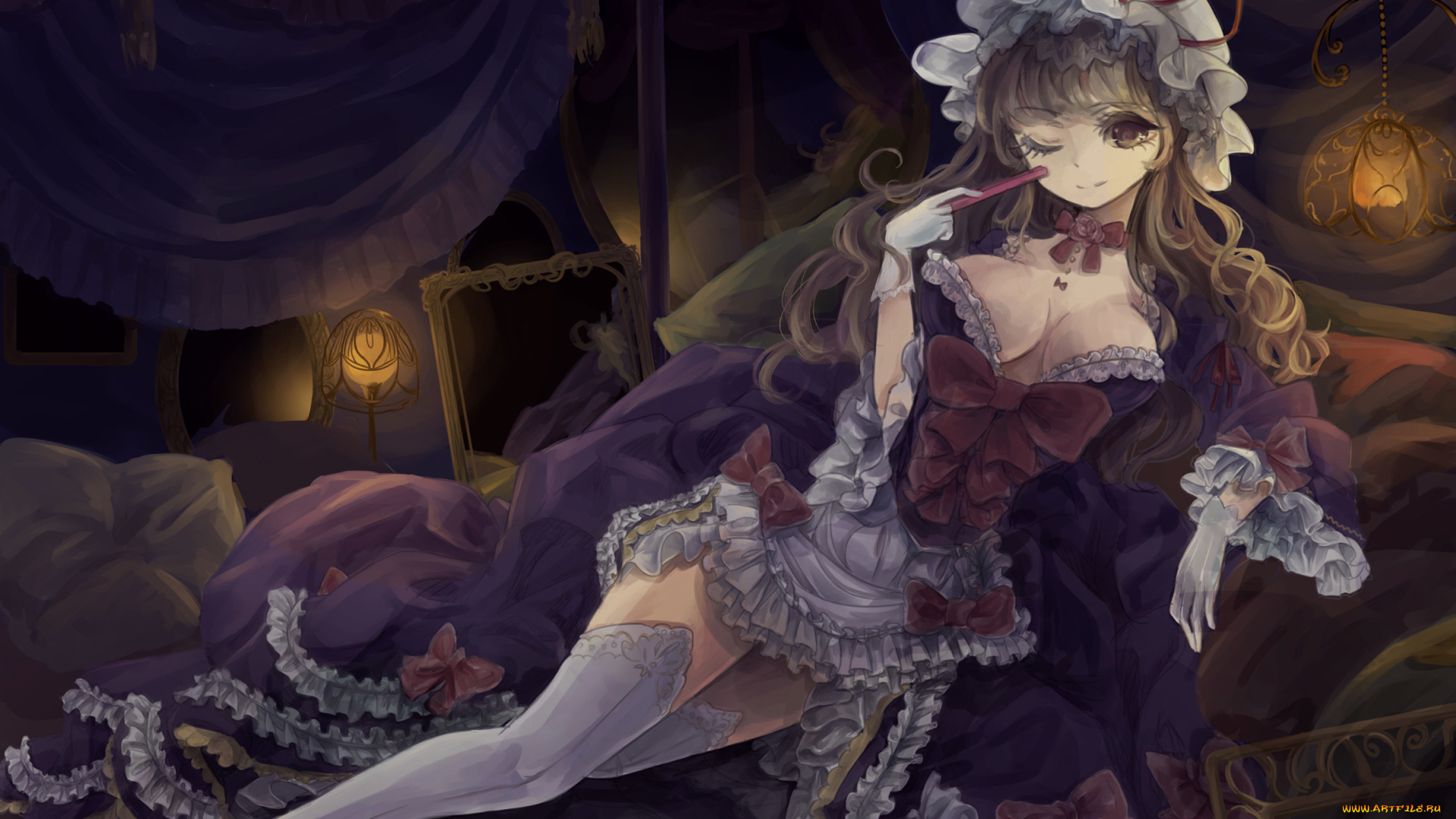 by, rikapo, аниме, touhou, зеркало, полог, лампа, девушка, подушки, yakumo, yukari, платье, бант