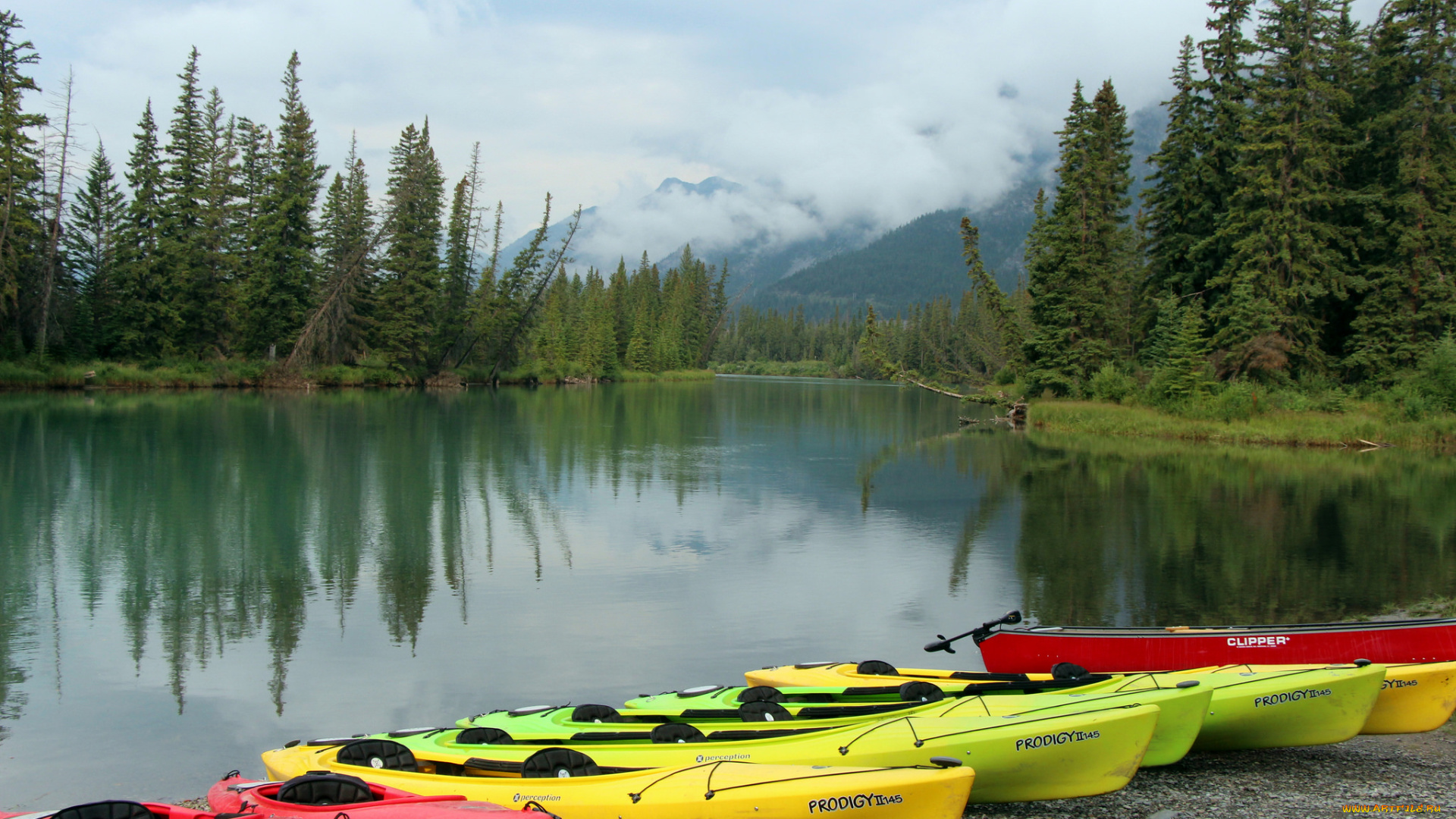 корабли, лодки, , шлюпки, горы, деревья, река