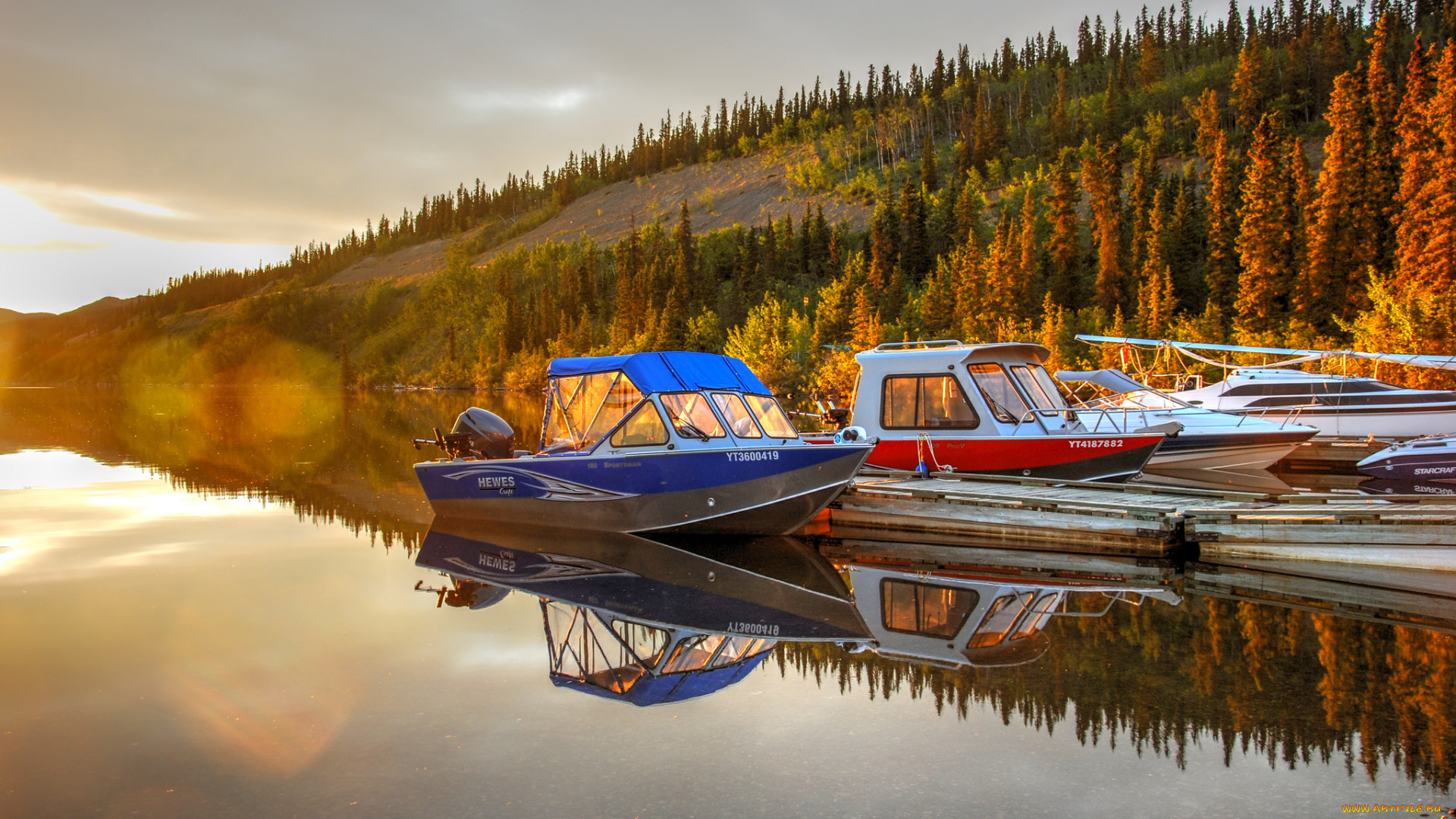 корабли, моторные, лодки, холм, деревья, мостик, моторные, лодки