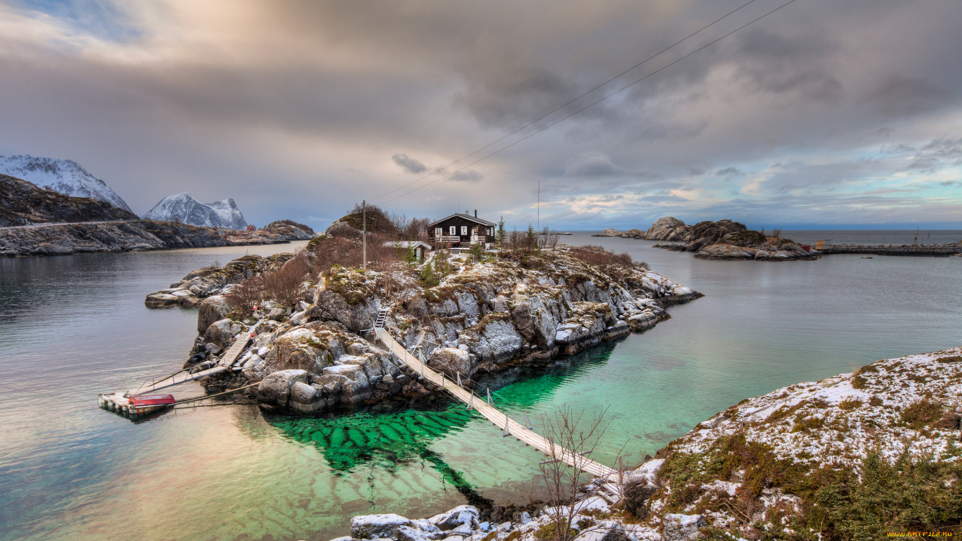 природа, побережье, бухта, север, море, мостик, скалы, островок