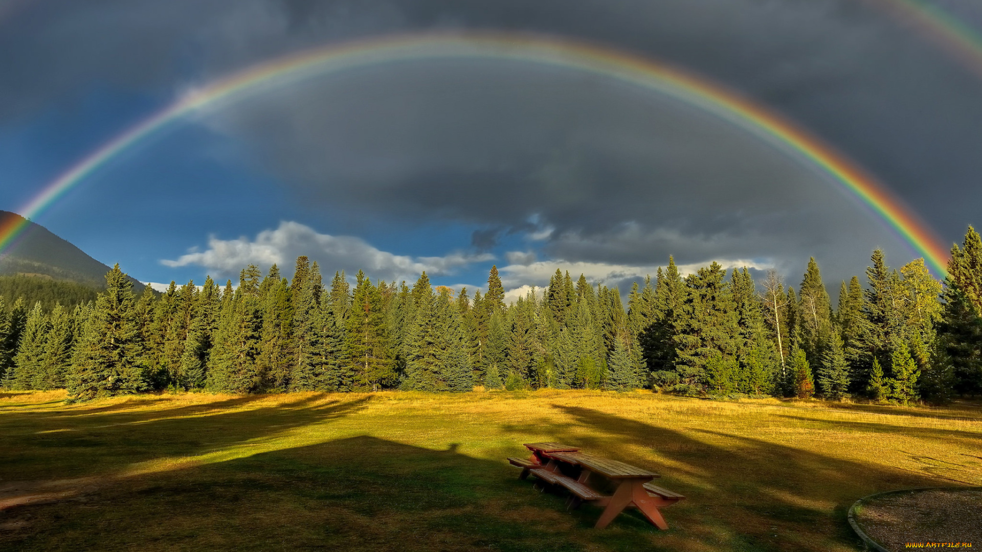 природа, радуга, горы, лужайка, лес