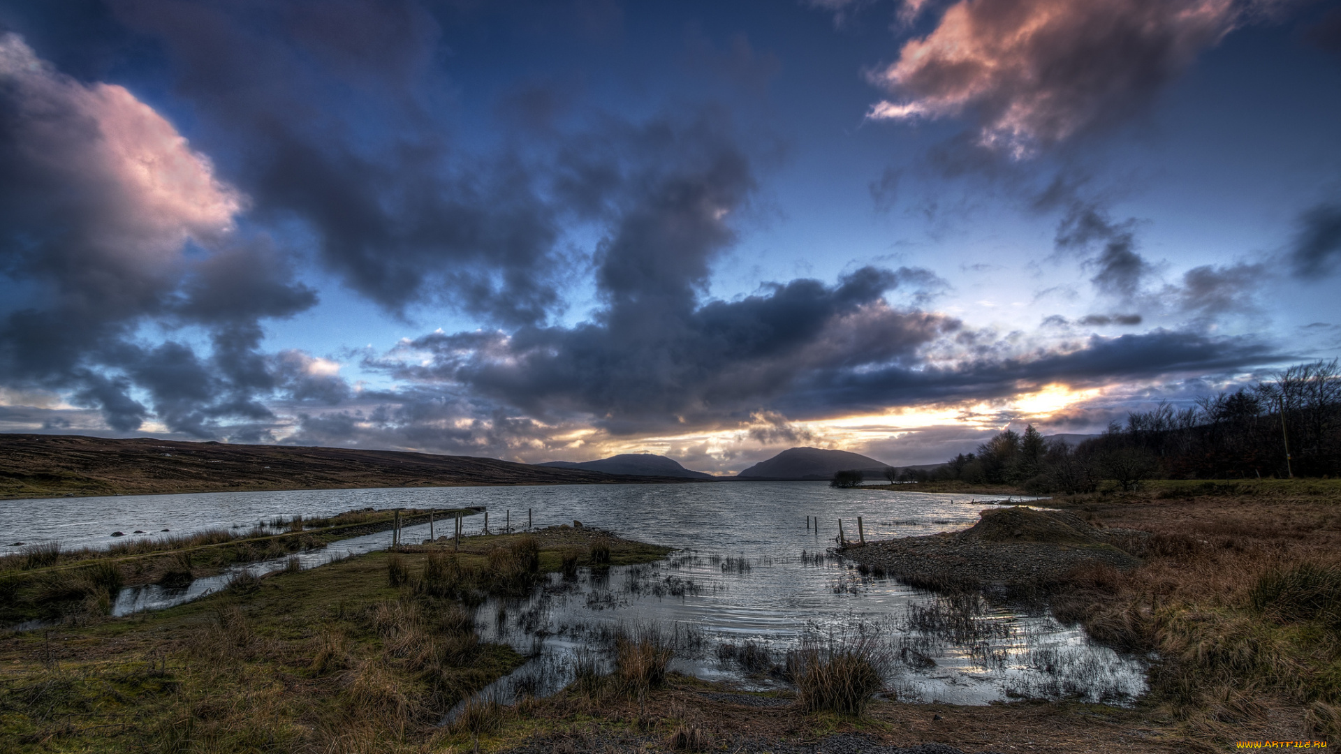 природа, реки, озера, вечер, ирландия, озеро, лох-морн, barnesmore, gap