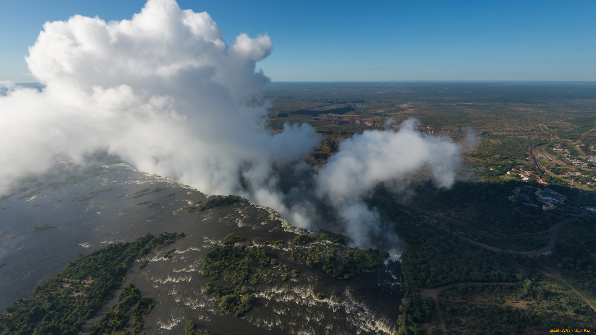 природа, водопады, местность, пар, сверху, небо, вода, облако, вид